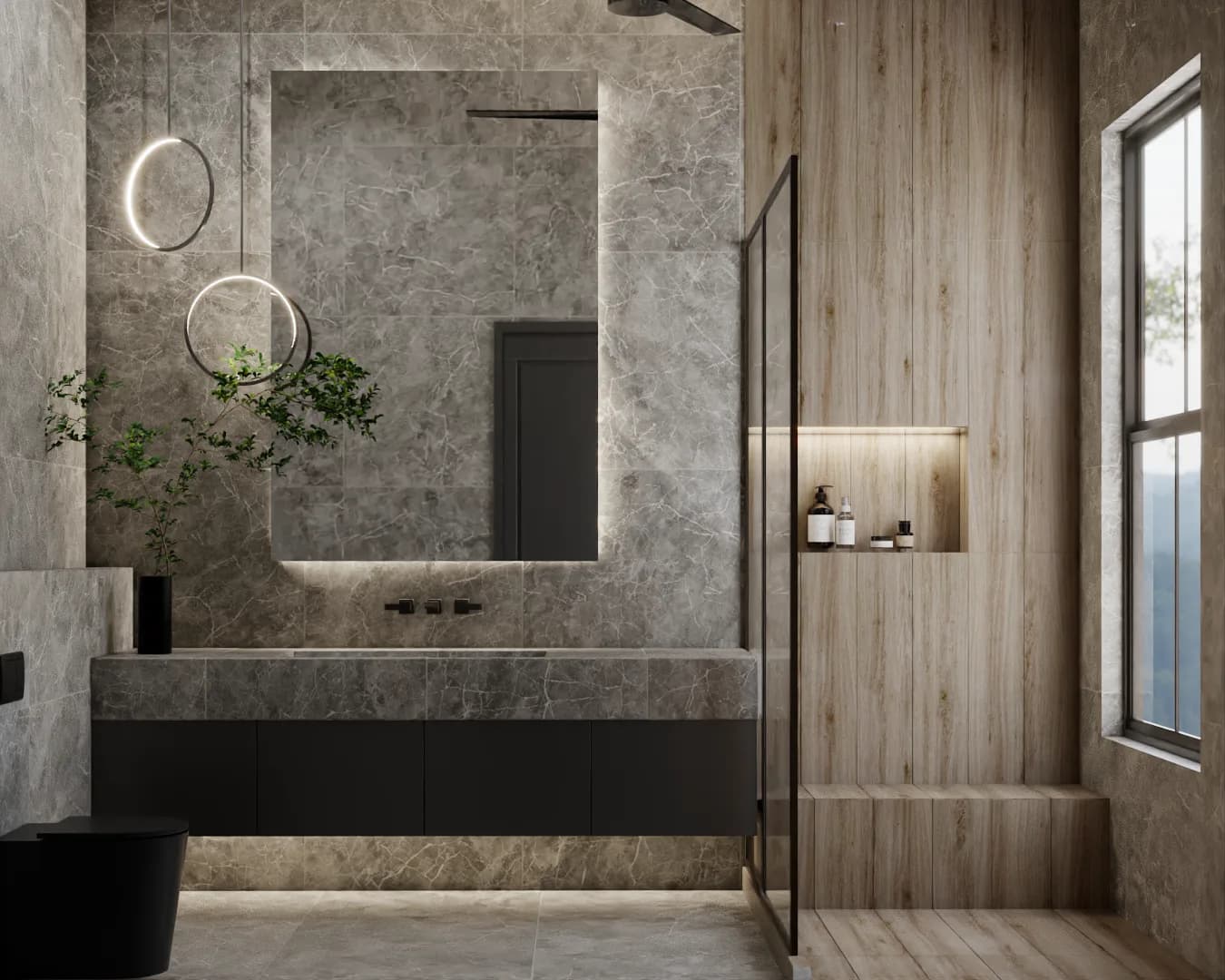 Dark spa bathroom with gray marble walls, warm wood plank accent wall, LED niche shelf, and backlit round mirror above floating stone vanity