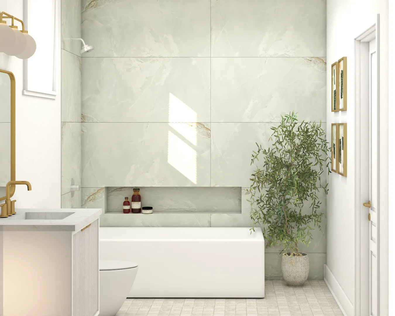 Sage green marble alcove tub with built-in niche, brass fixtures, potted plant, and white mosaic floor