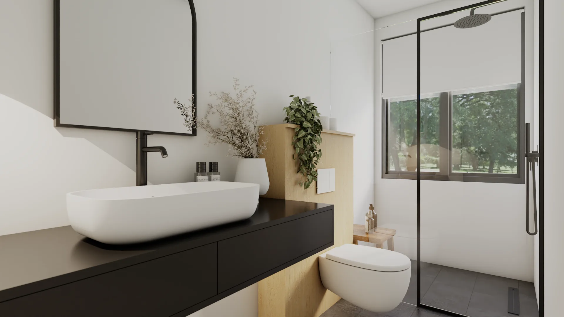 Gold arched mirror with brass sconces over a vessel sink and floating wood vanity on a terrazzo wall
