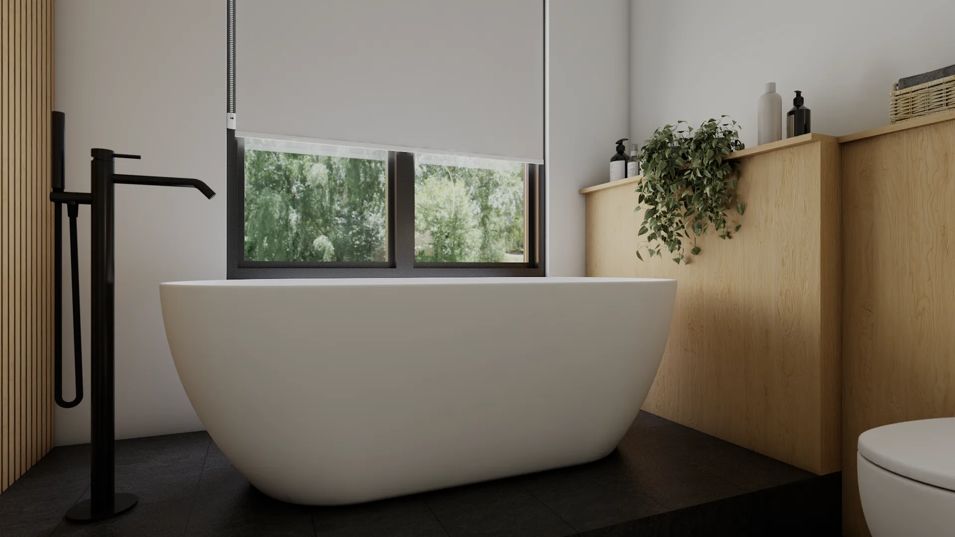 Freestanding soaking tub inside a tall arched herringbone tile niche with wood slat ceiling and city-view window in a terrazzo bathroom