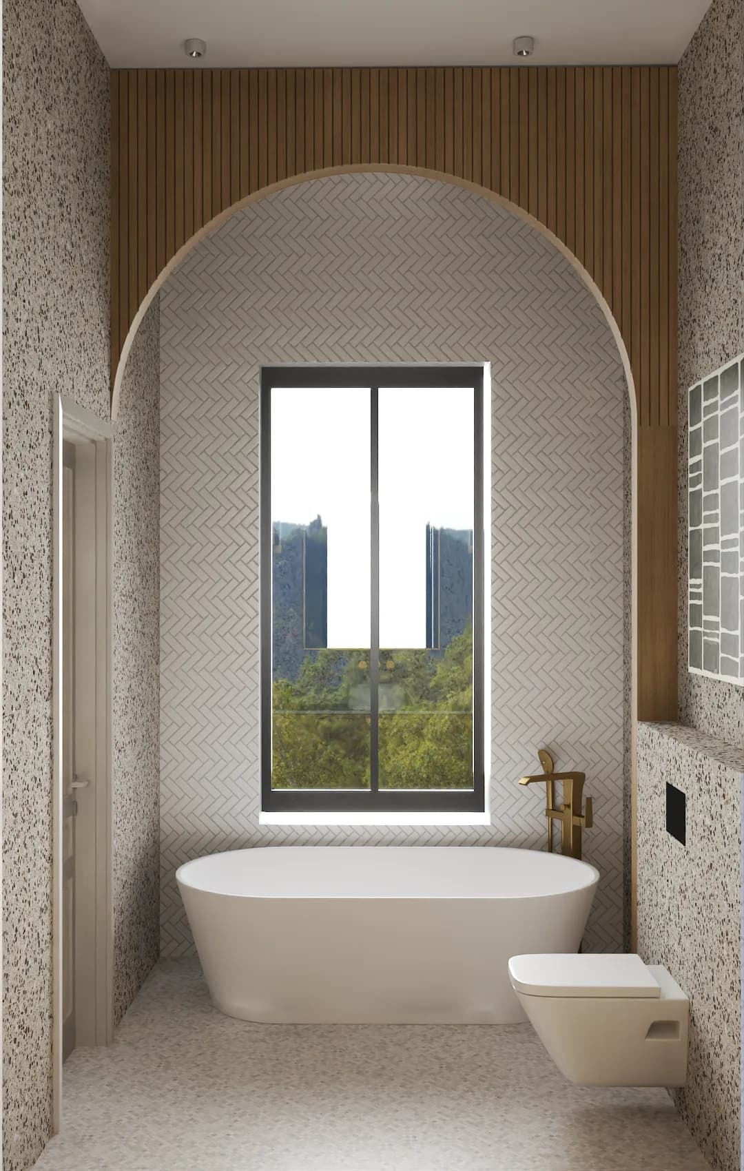Freestanding soaking tub inside a tall arched herringbone tile niche with wood slat ceiling and city-view window in a terrazzo bathroom