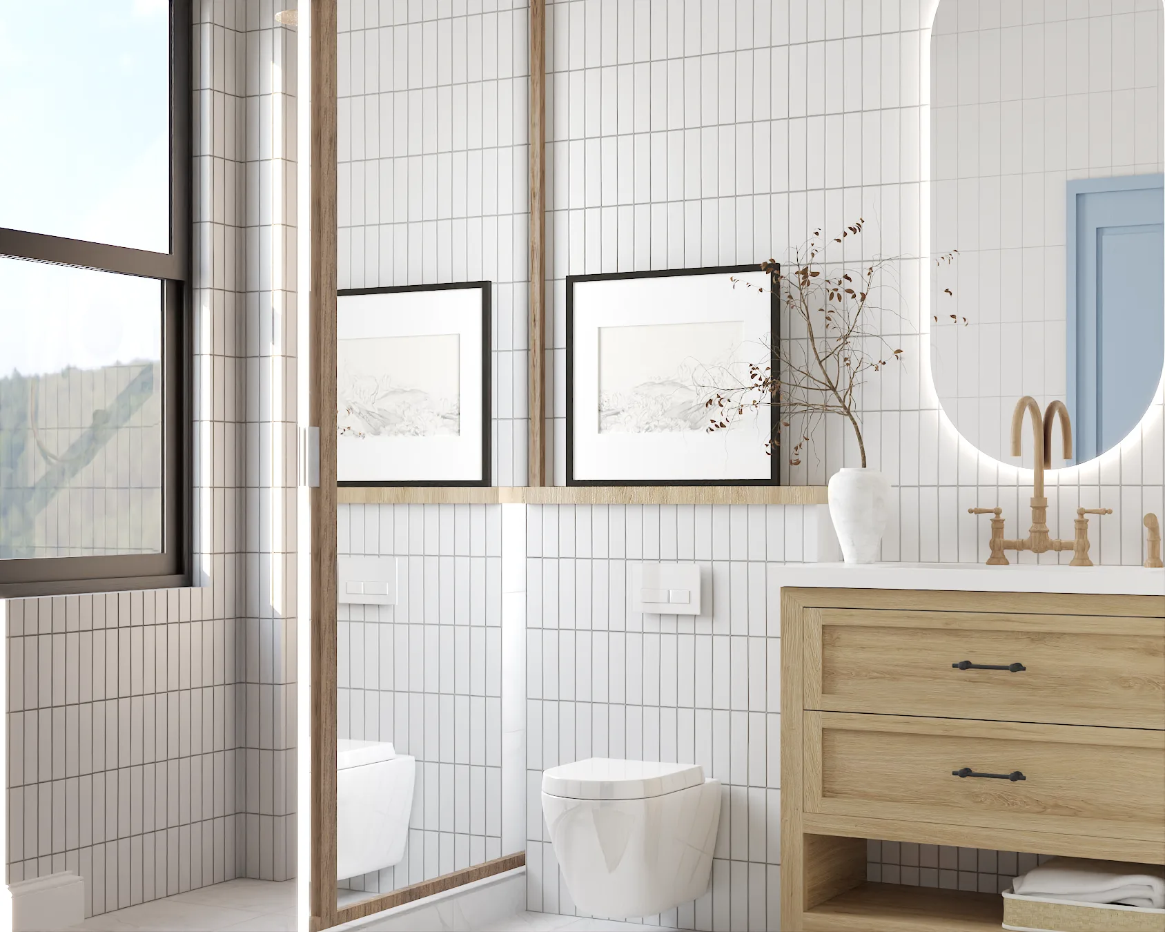 White stack bond tile bathroom with oak vanity, oval LED backlit mirror, brass faucet, and black casement window.