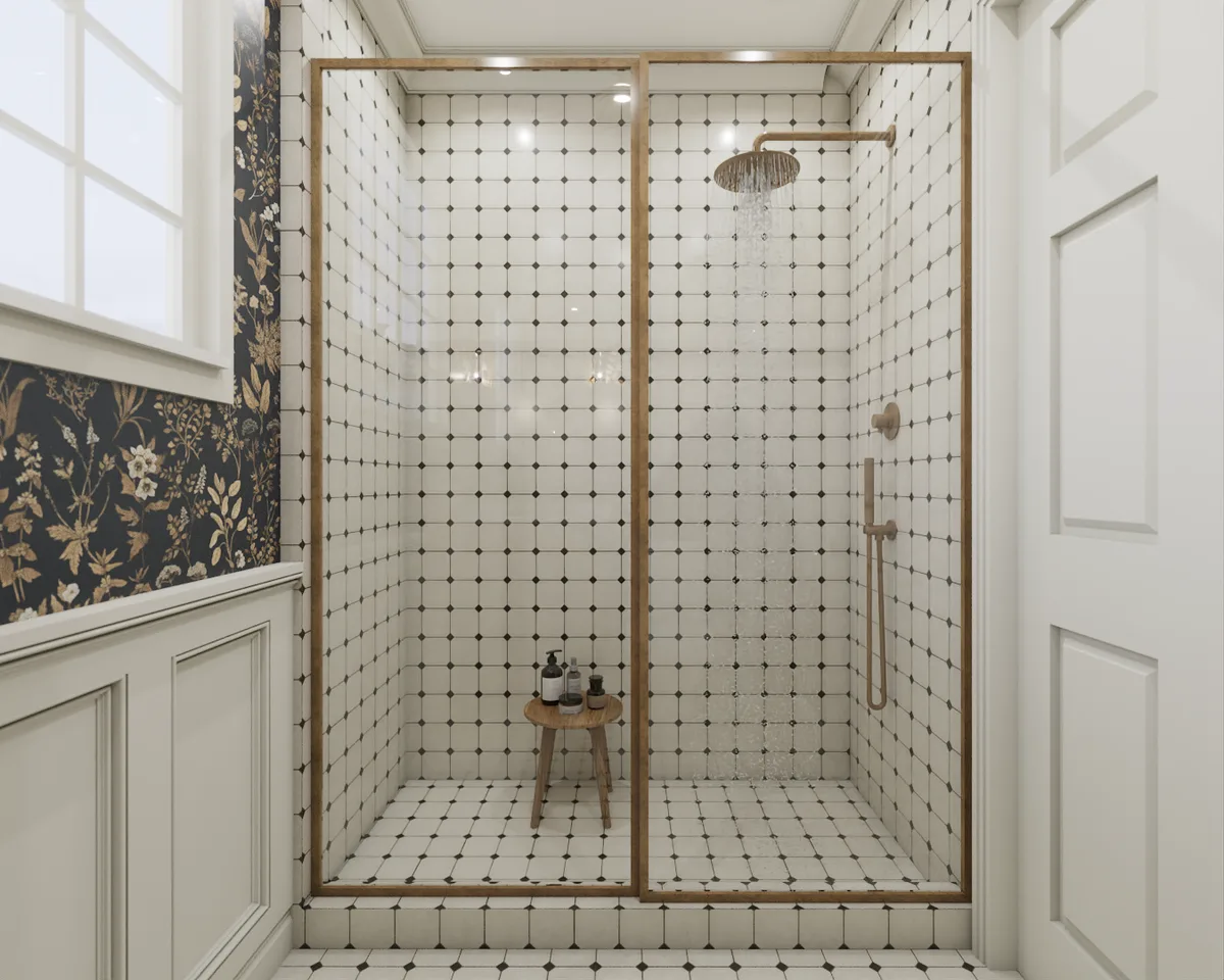 Interior of brass-frame walk-in shower with white dot tile walls, rain showerhead, and teak stool