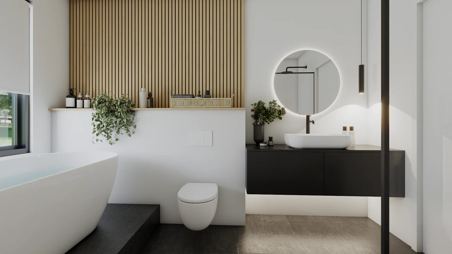 Master bathroom with white freestanding tub on black raised platform, oak vertical slat accent wall, dark floating vanit