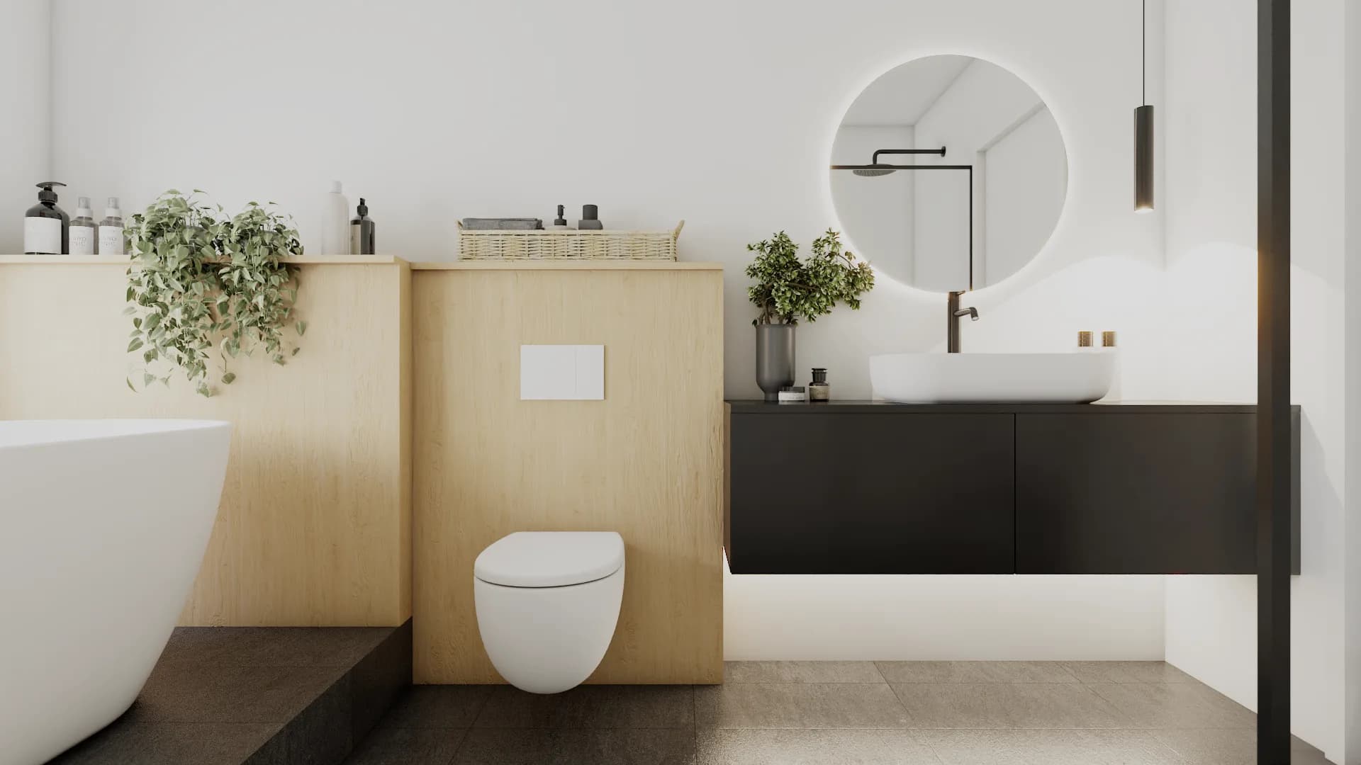 Oak cabinet toilet surround with open shelf, round backlit mirror, dark floating vanity, and black p