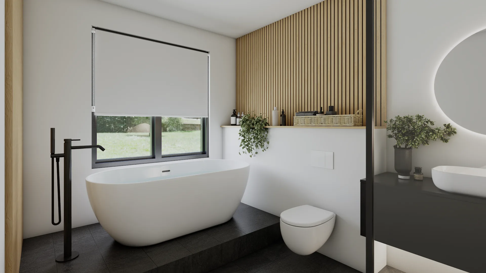 Freestanding tub on black platform beside oak slat wall, toilet zone, and partial vanity with round
