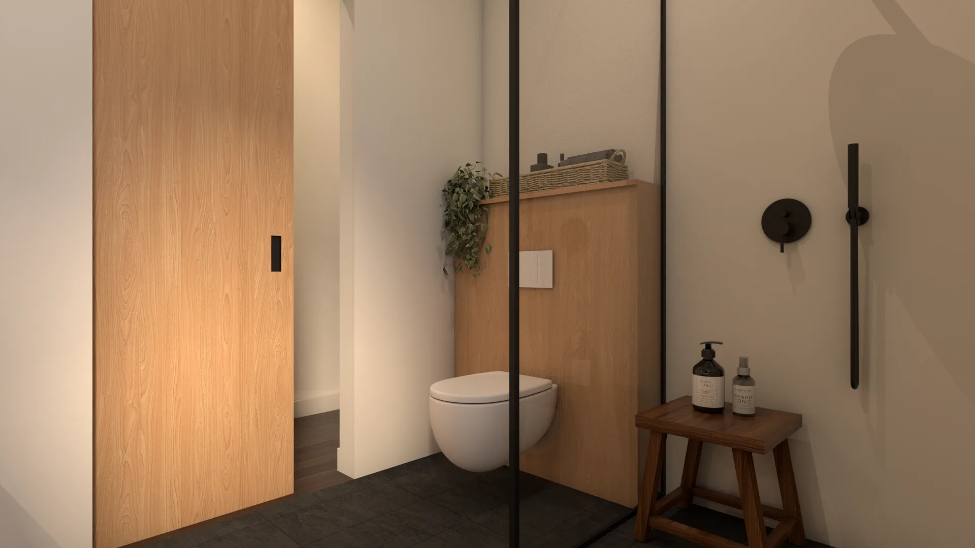 Wide angle through black-frame glass partition showing oak sliding barn door, wall-hung toilet, and
