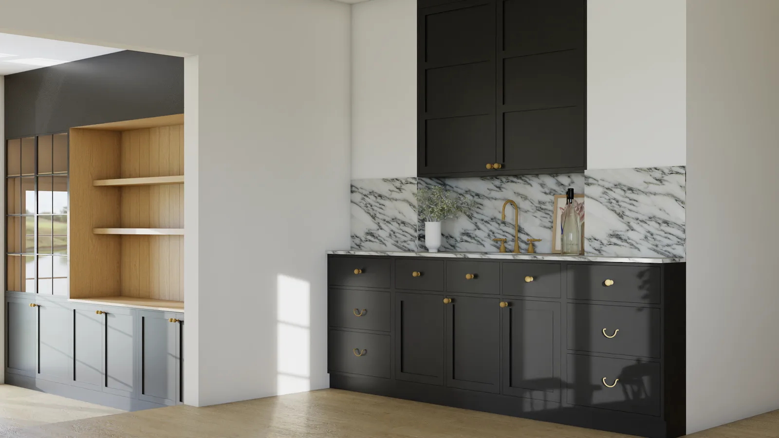 Bathroom with dark accent wall, wood vanity, marble counter, brass faucets, and styled shelves