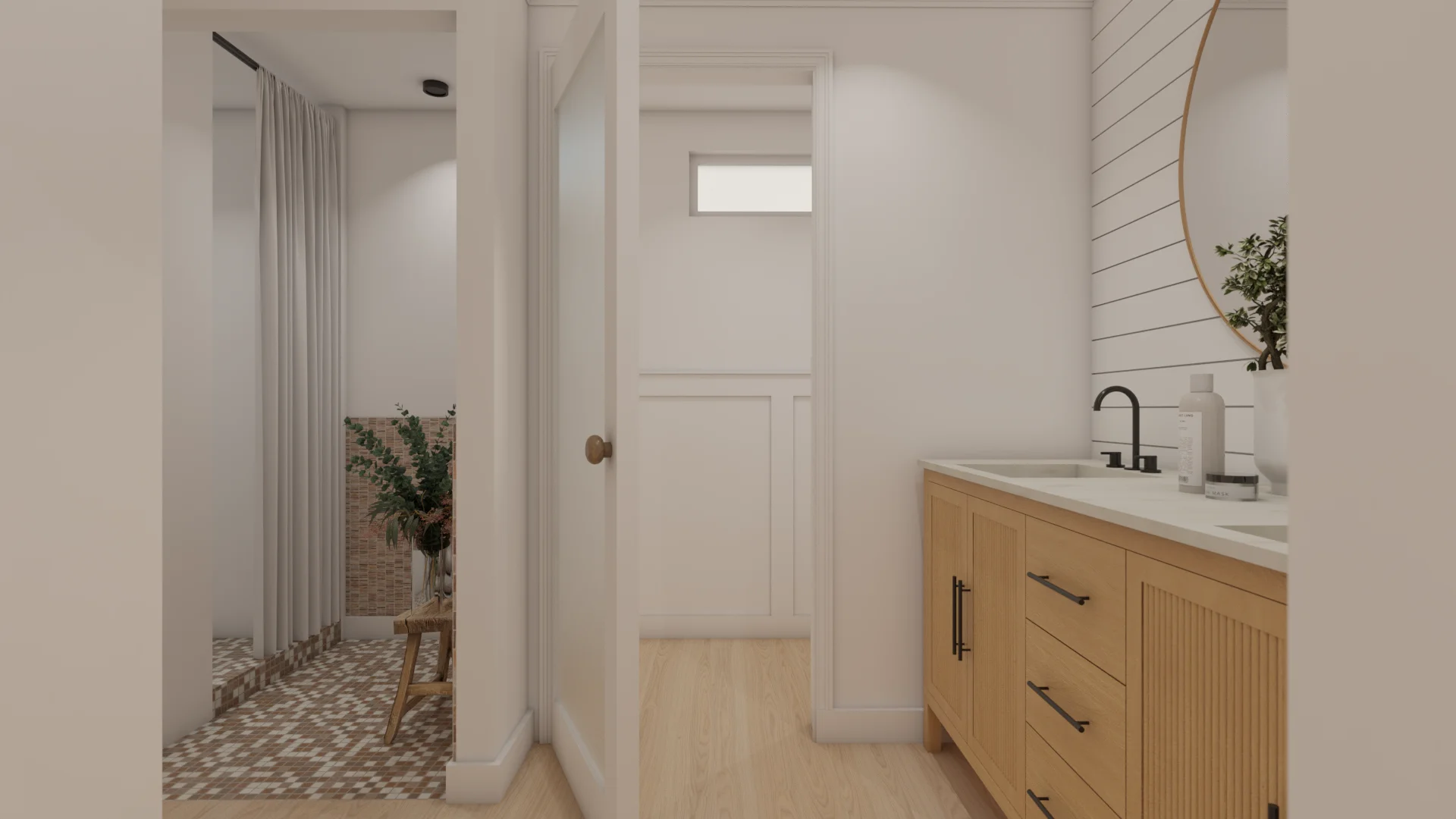 Fluted oak single vanity with round gold mirror, black faucet, shiplap wall, terrazzo shower through doorway