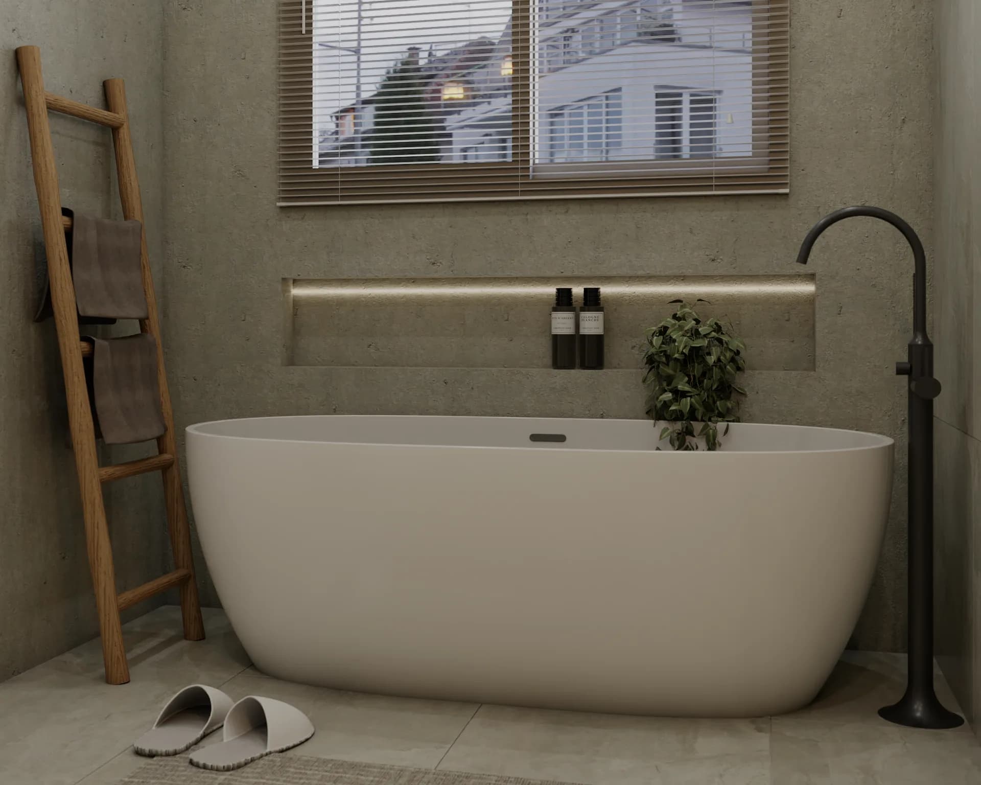 White freestanding bathtub with black floor-mount faucet, concrete walls, wood ladder towel rack