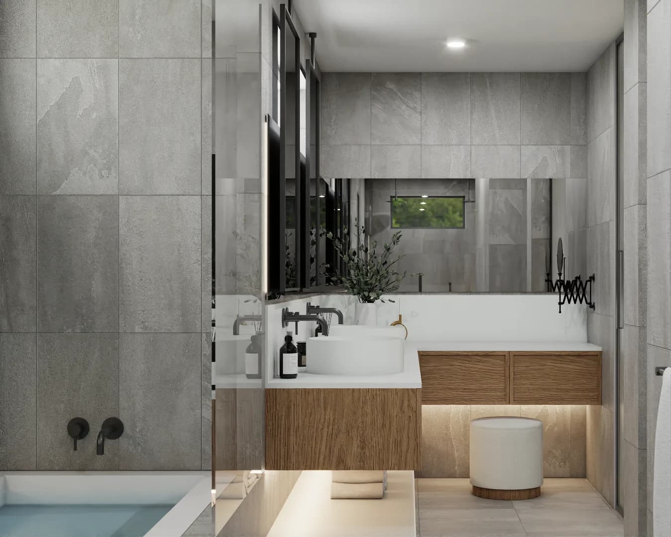 Bathroom with white countertop on oak floating vanity, vessel sink, LED base, and gray tile walls
