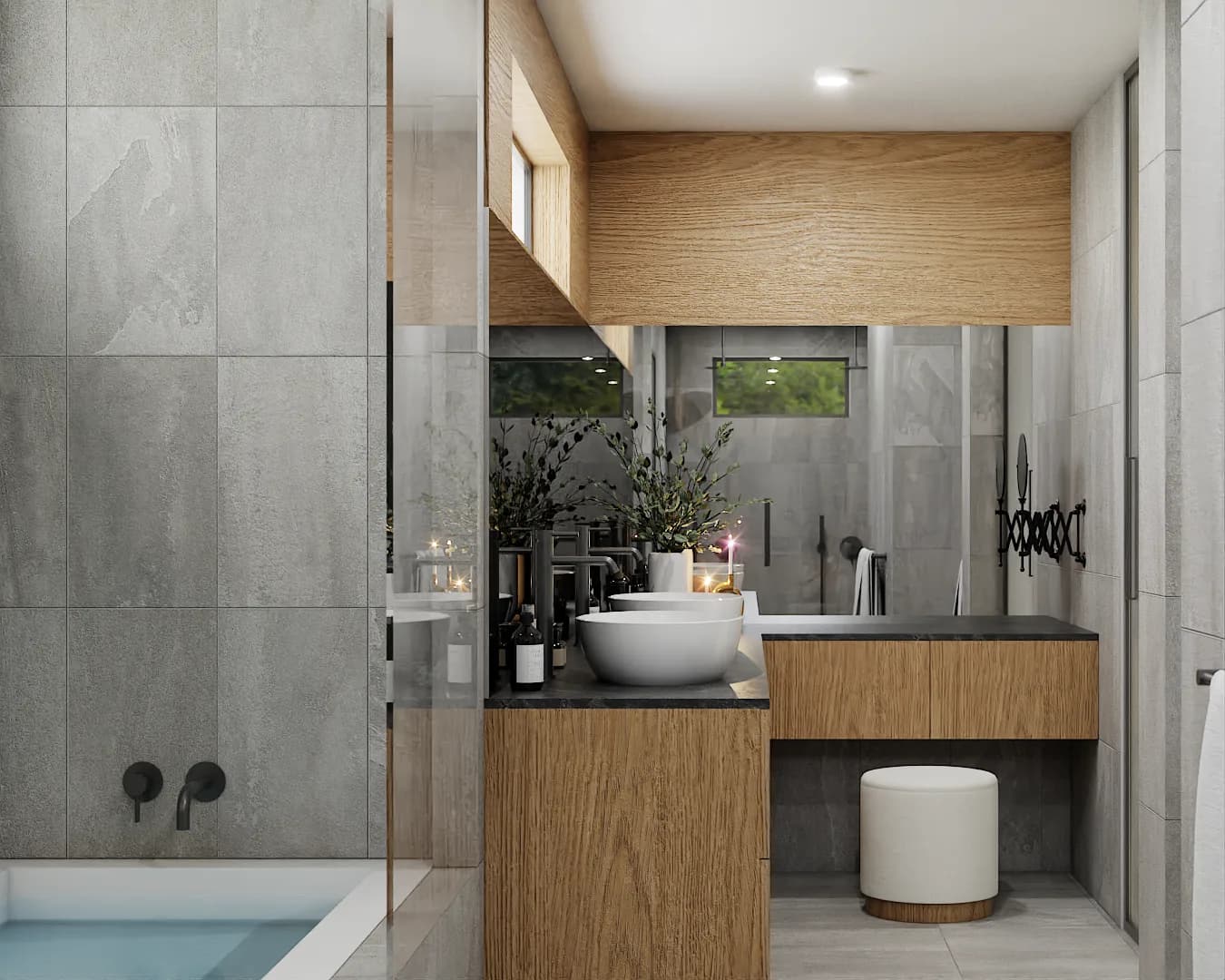 Custom bathroom with gray slate tile walls, oak floating vanity with vessel sink, black fixtures, and glass shower partition