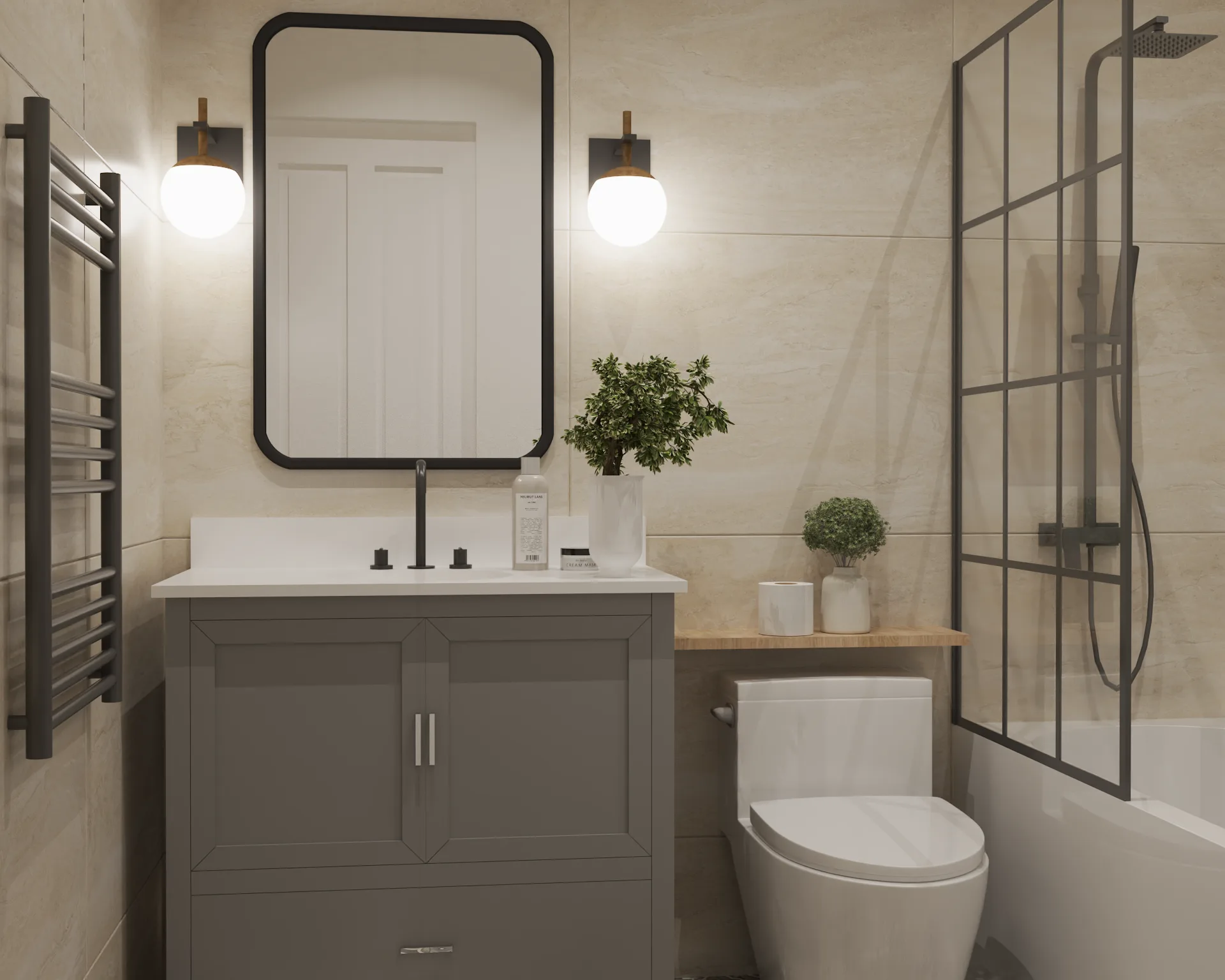 Transitional bathroom with gray shaker vanity, black framed mirror, globe sconces, black steel tub screen, and warm beige tile