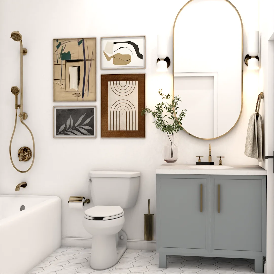 Small gray vanity with gold oval mirror, brass faucet, abstract gallery wall art, and white hexagonal floor tile