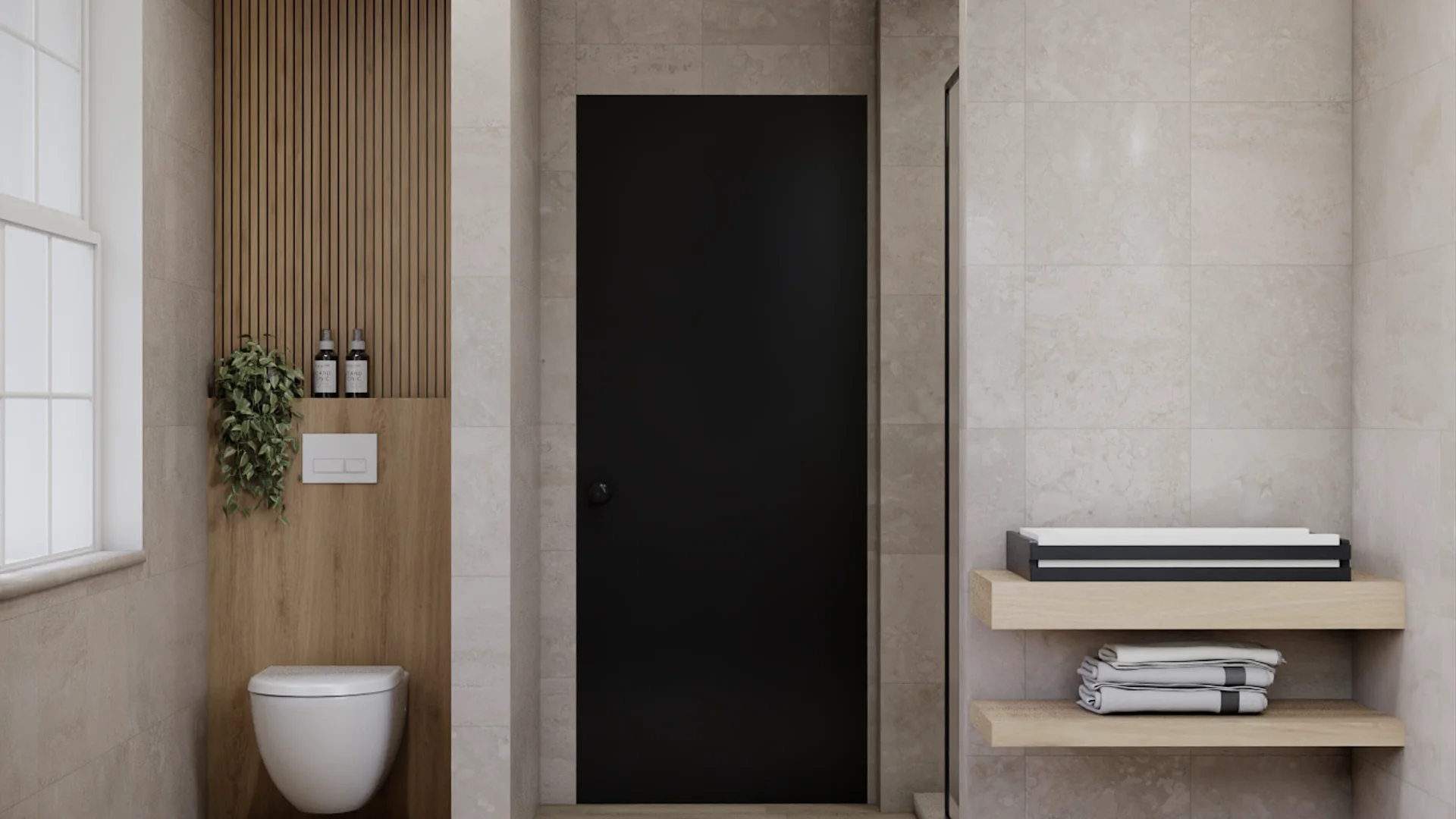 Wall-hung toilet with white flush plate mounted on oak wood panel accent wall, vertical wood slat niche with trailing green plant and toiletry bottles, large-format limestone tile walls, matte black door, floating oak shelves with folded towels on right