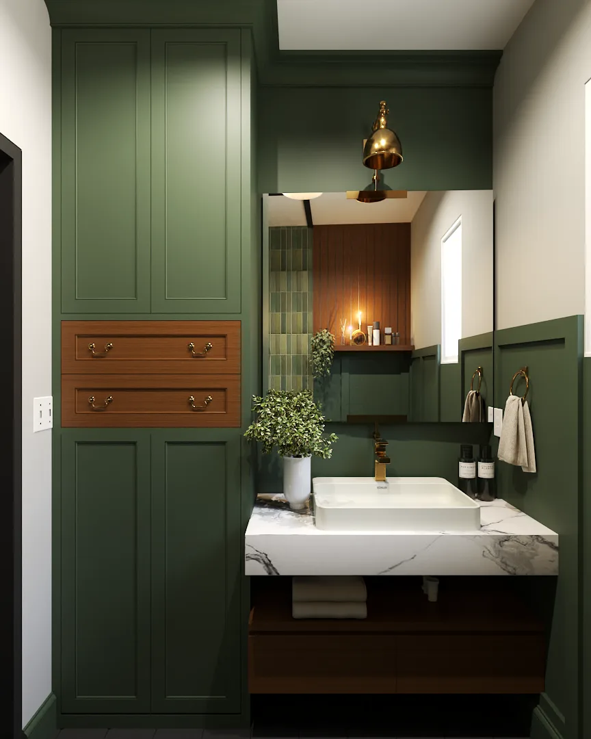 Close view of floating oak vanity, dual asymmetric mirrors, and glass sconces on marble wall