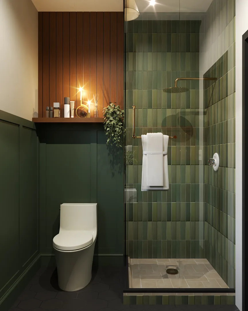 Primary bathroom with Calacatta marble walls, floating oak vanity, dual asymmetric mirrors, and freestanding oval tub
