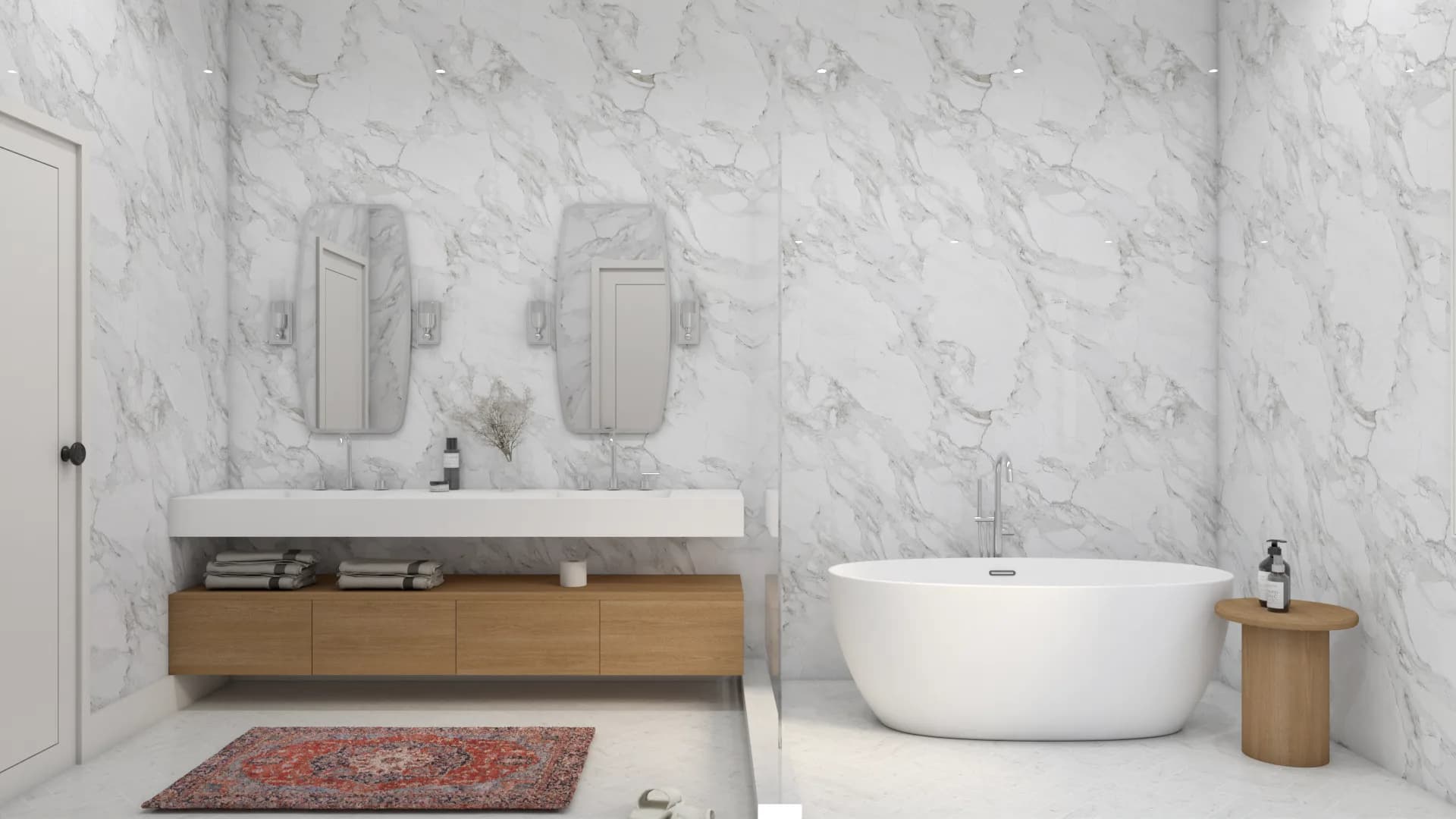 Full marble bathroom with freestanding tub, vintage Persian rug, and oak vanity wide view