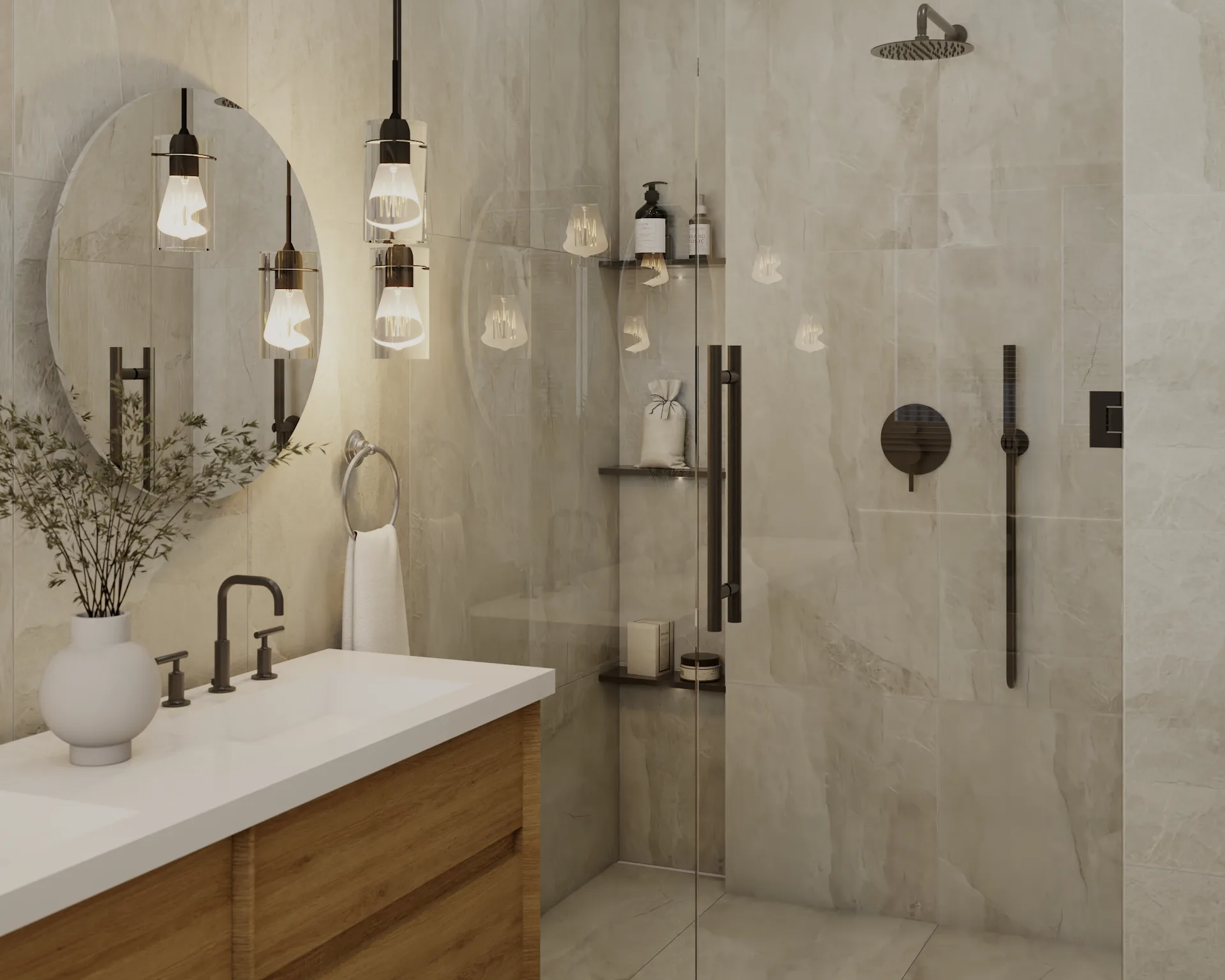 Marble tile bathroom with walk-in shower, wood vanity, and matte black fixtures