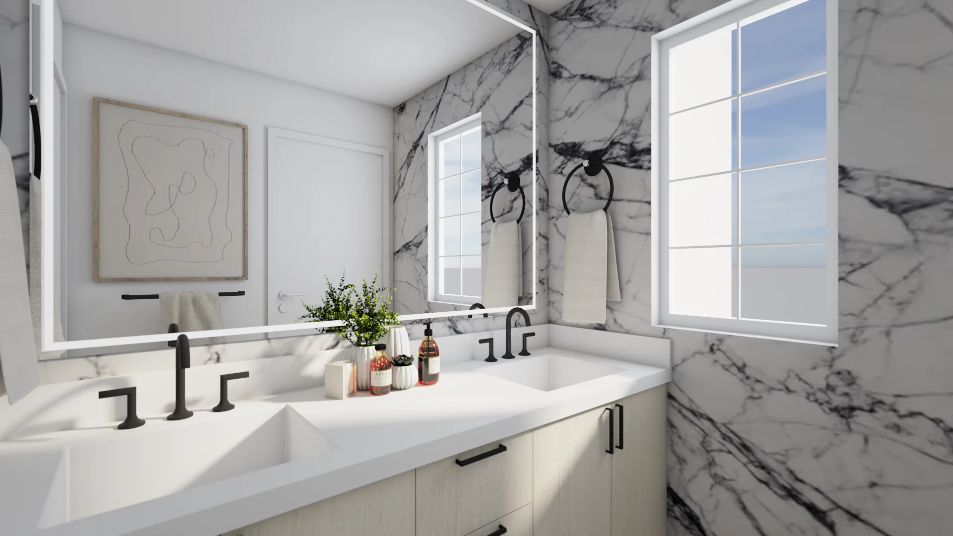 Double sink vanity with Calacatta marble walls, white countertop, matte black faucets, and LED backlit mirror.