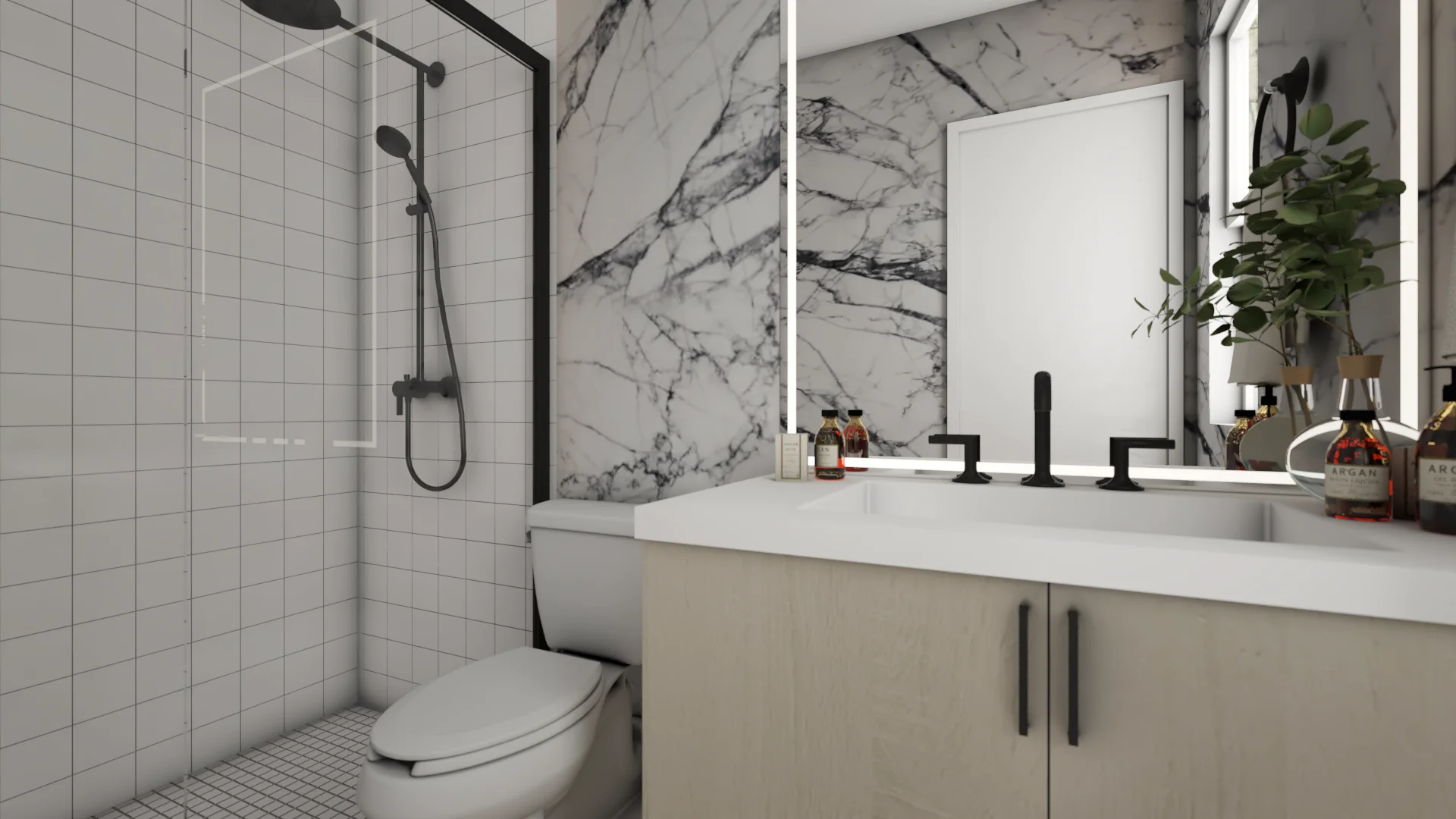 Walk-in shower with white grid tile, black framed glass partition, rain shower head, and marble accent wall.
