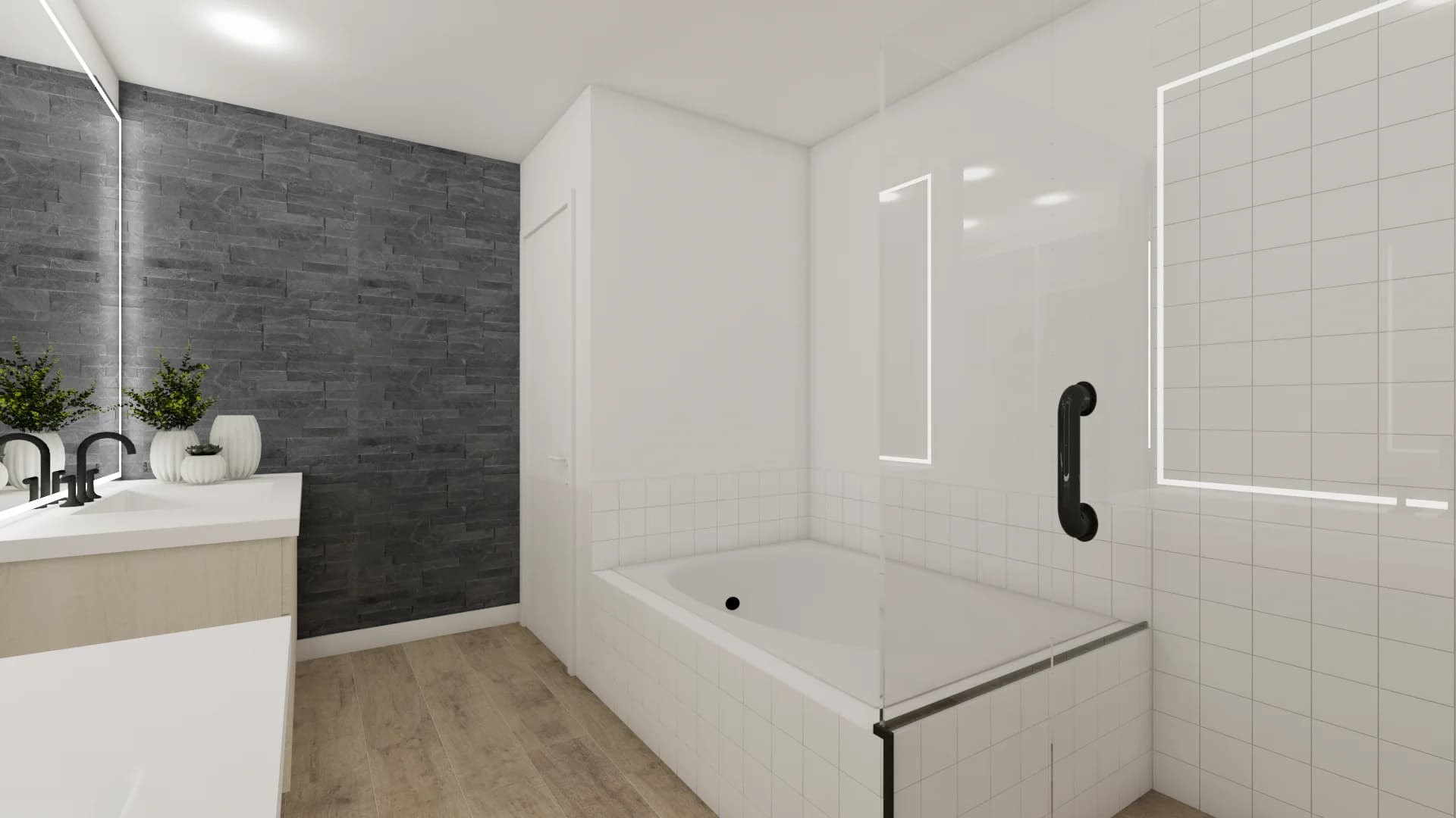 Master bathroom with charcoal slate accent wall, white soaking tub, square tile shower, and matte black fixtures on light wood floor.