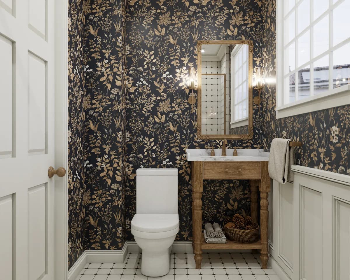 Angled view of navy botanical bathroom with oak vanity, brass mirror, sconces, and wicker basket on lower shelf