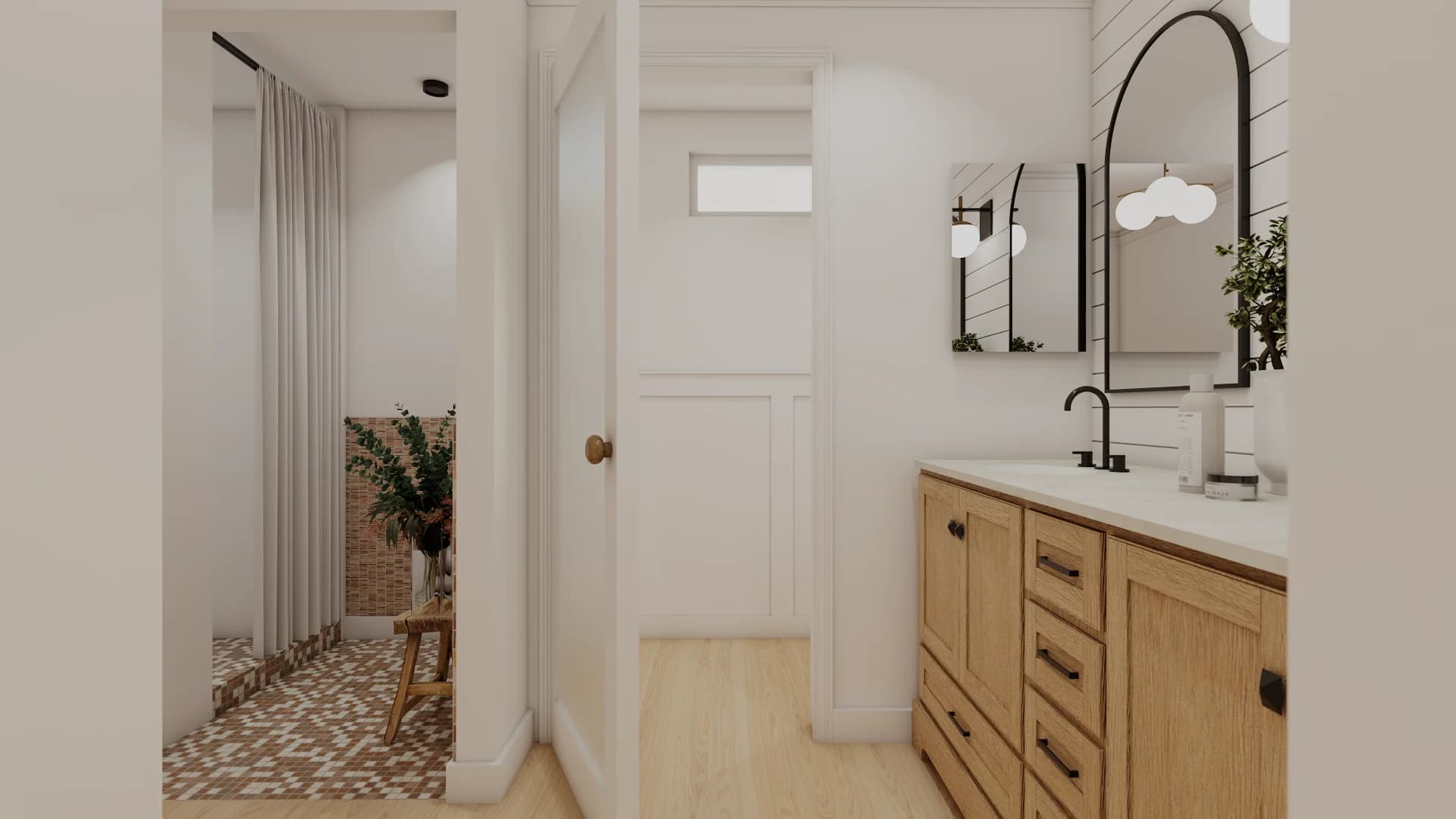 Oak shaker vanity with arched mirror, terrazzo shower entrance visible through doorway