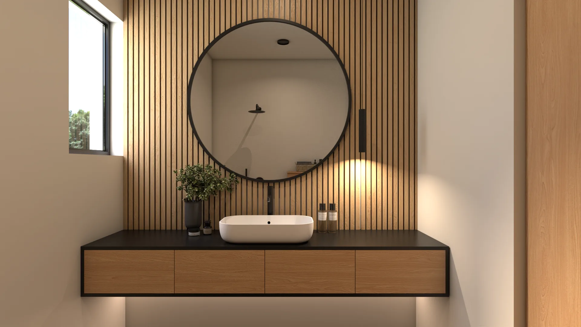 Compact powder room with vertical oak slat wall, floating vanity, dark countertop, white vessel sink, and round black-fr