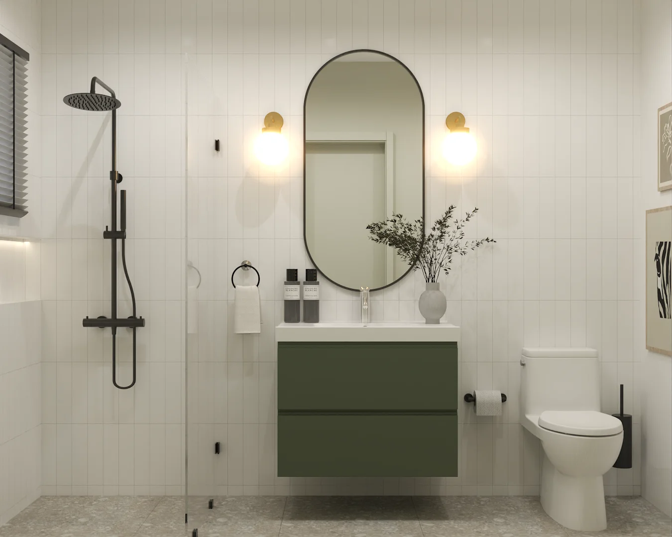 Modern Scandinavian bathroom with olive floating vanity, oval black mirror, brass sconces, and matte black shower.