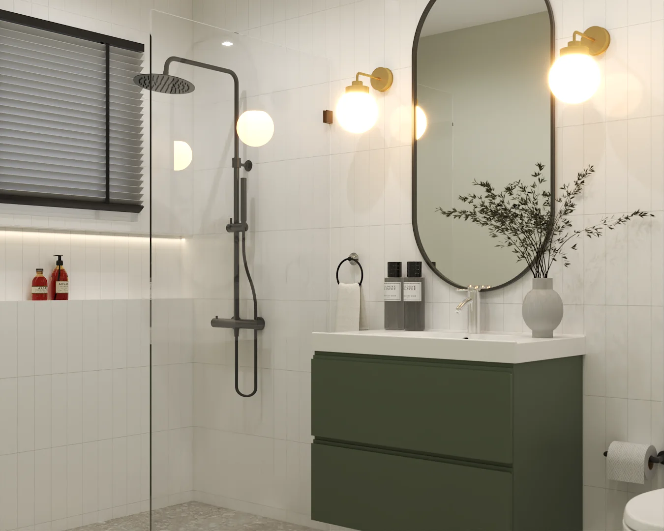 Matte black walk-in rain shower behind glass with white plank tile and brass wall sconces.