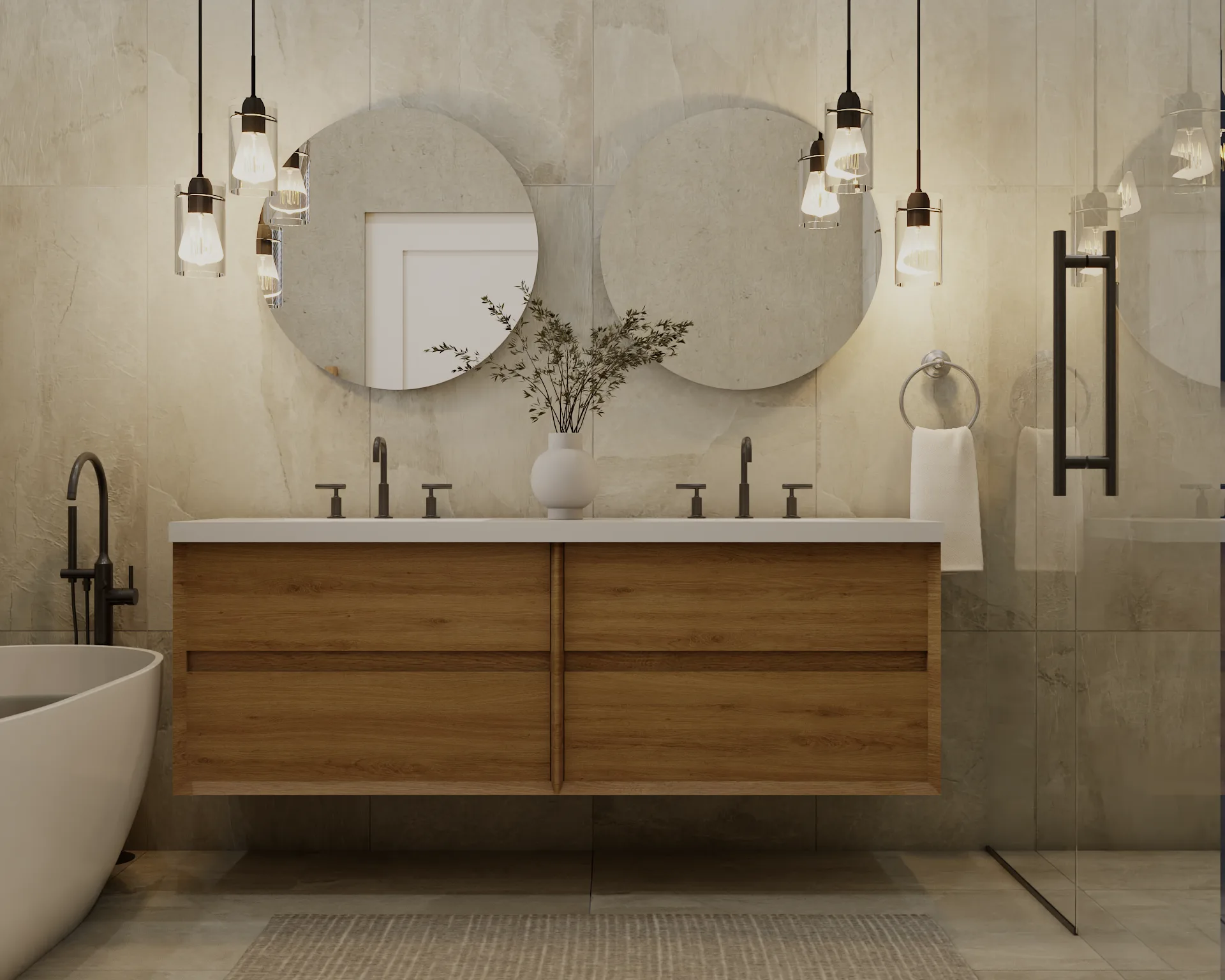 Floating wood double vanity with dual round mirrors, glass pendant lights, and warm stone tile walls in an organic modern bathroom