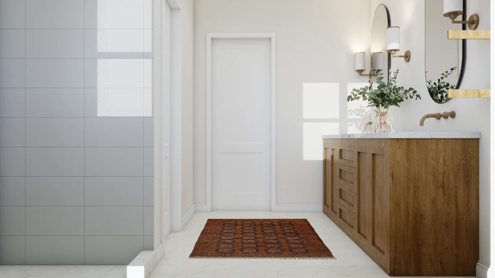 Guest bathroom with subway tile shower, wood vanity, kilim rug, and brass sconces
