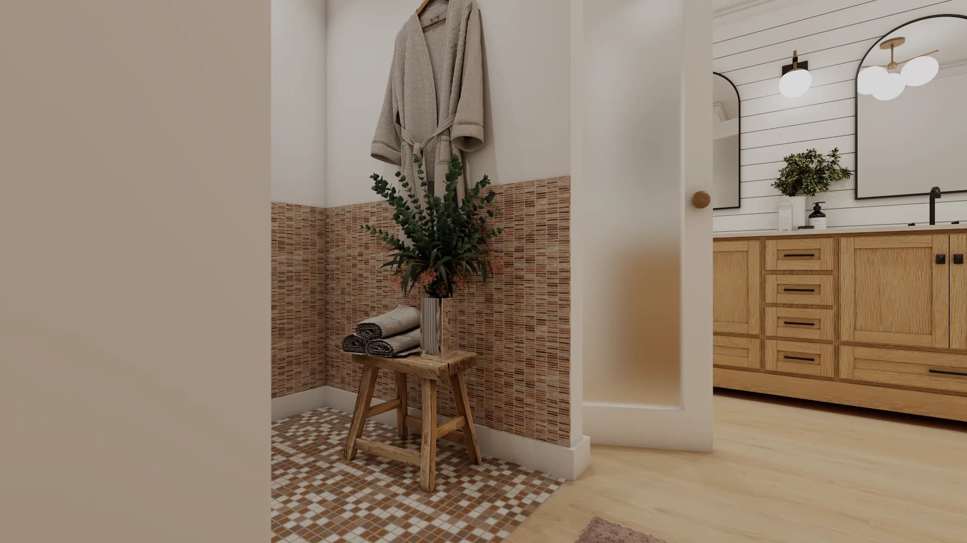 Terracotta mosaic tile shower with teak stool, folded towels, hanging robe and plant