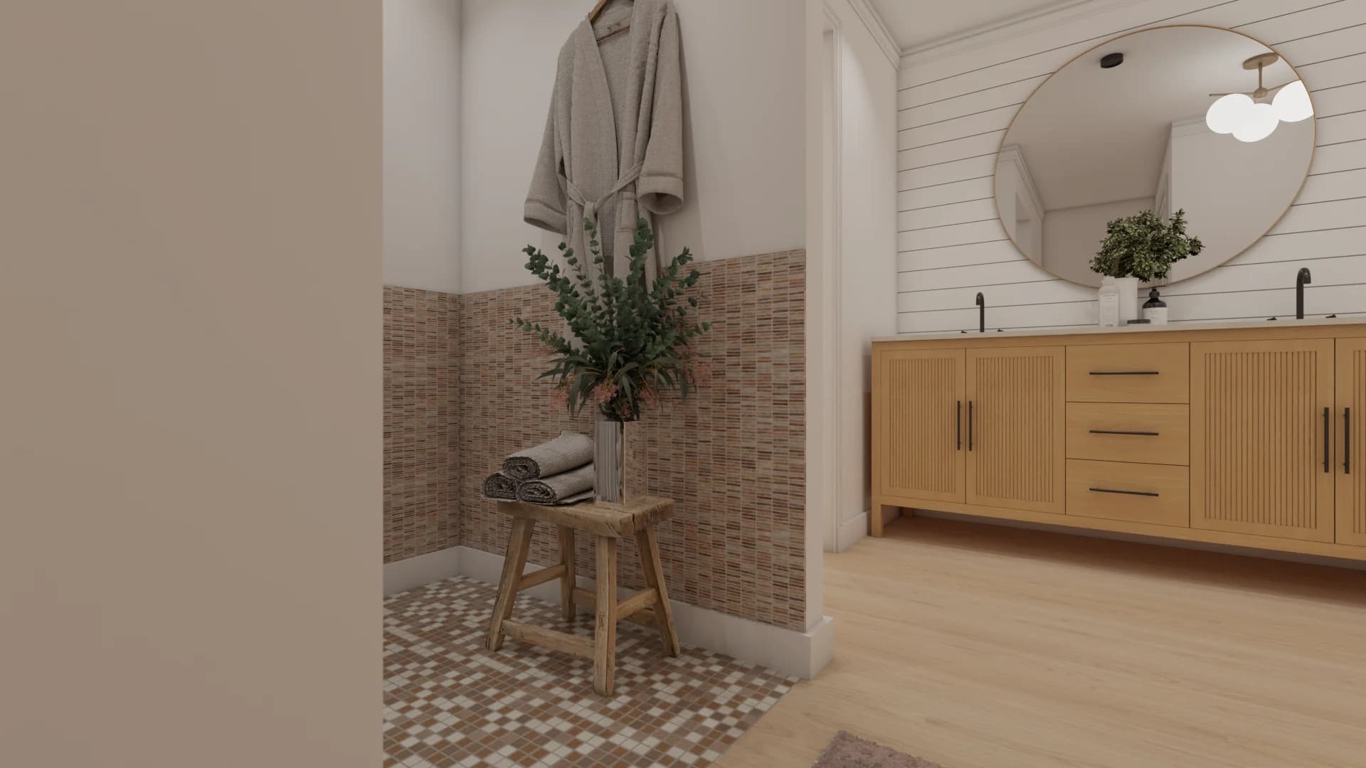 Terracotta mosaic tile shower with teak stool, hanging robe, and fluted vanity visible through opening