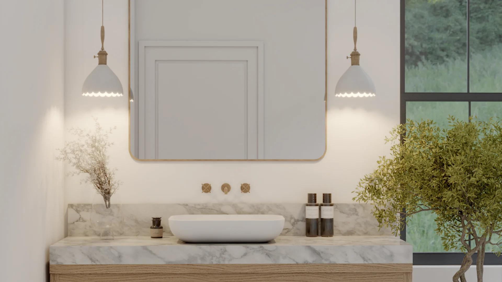 Fluted oak bathroom vanity with marble countertop, white vessel sink, brass-framed rounded mirror, dual white dome pendants with brass hardware, and recessed panel wall trim by Debora Interiors