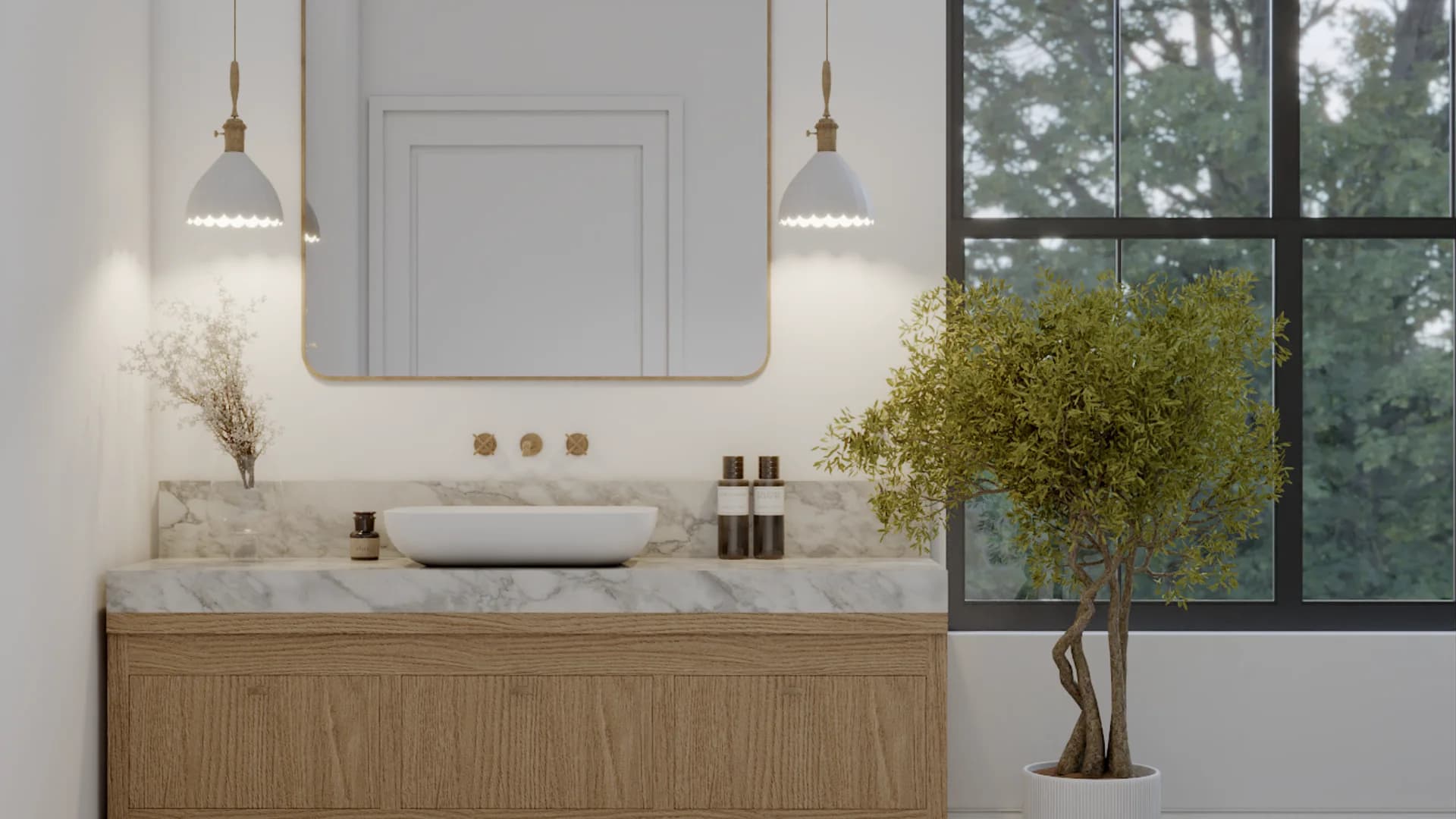 Transitional bathroom with fluted oak vanity, oval vessel sink on marble countertop, brass rounded mirror, dual white dome pendants, large black steel grid window, and olive tree by Debora Interiors