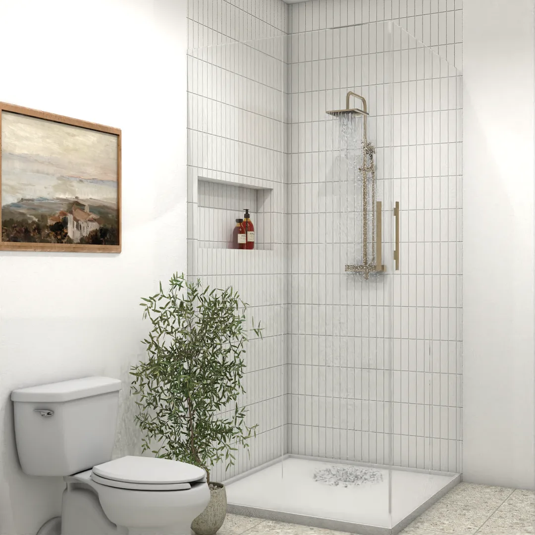 Walk-in shower with vertical white stacked tile, brass rain head, recessed niche, and landscape painting