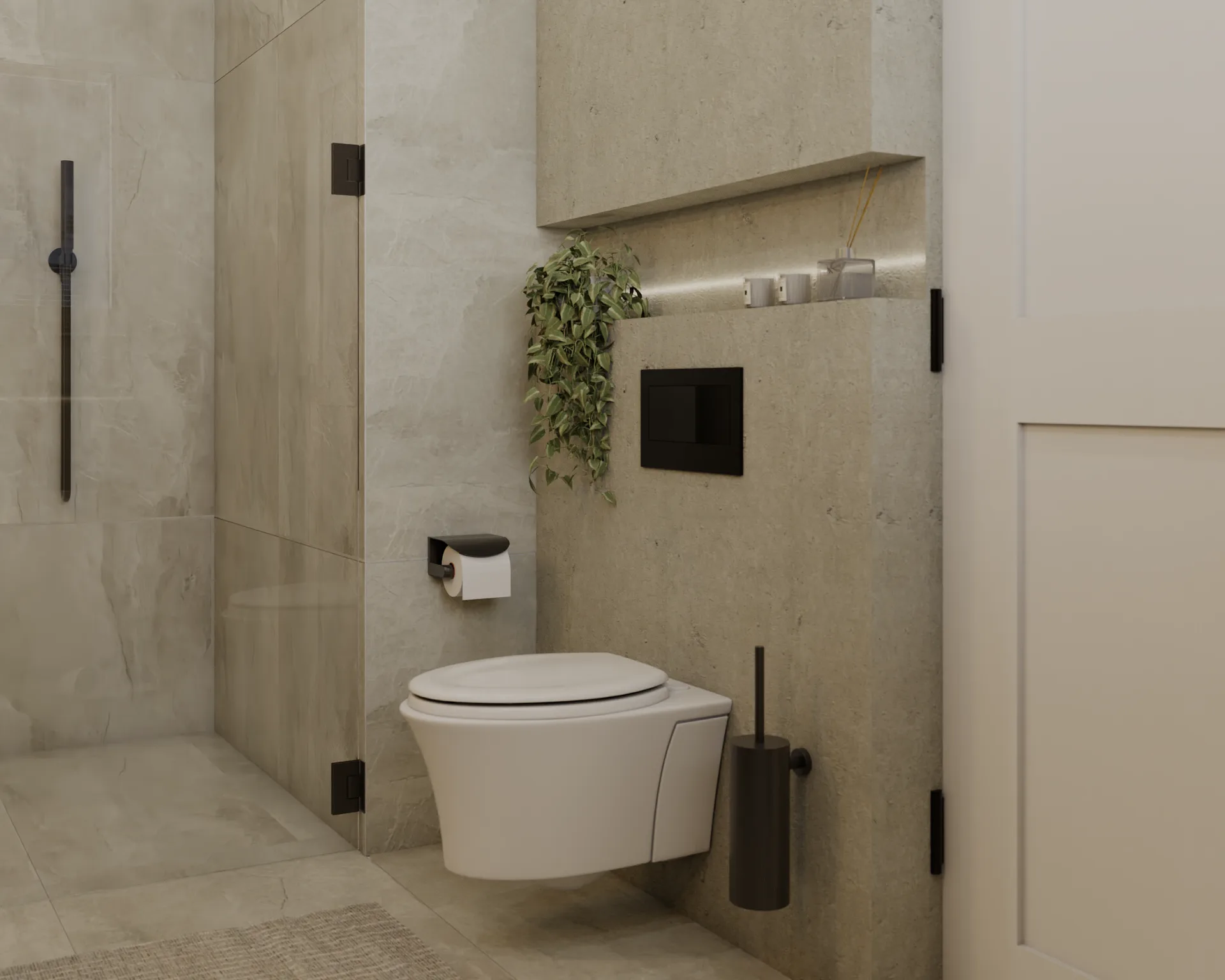 Wall-hung toilet in beige stone tile bathroom with black fixtures and trailing plant niche