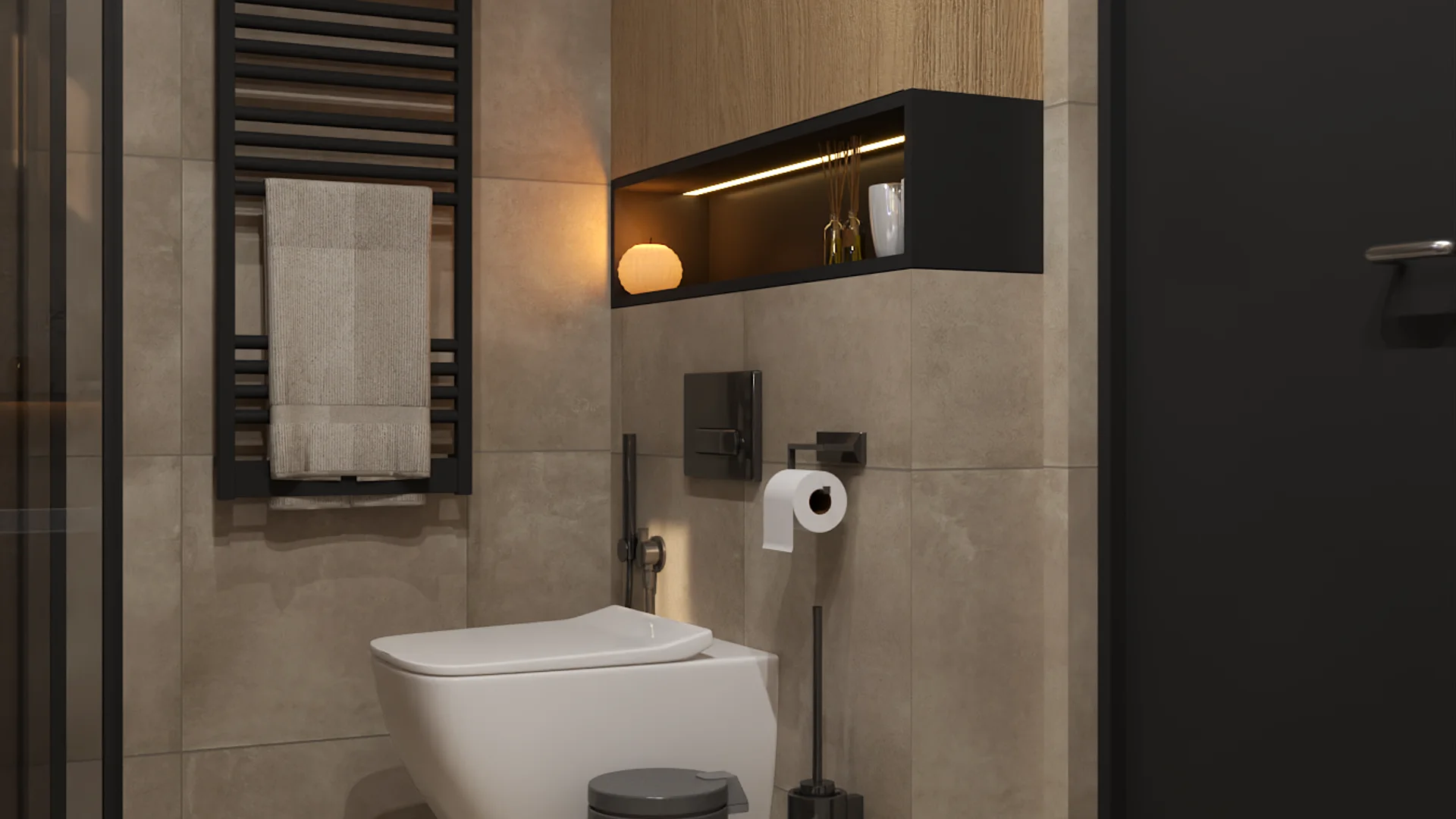 Wall-hung white toilet zone with black matte flush plate, black ladder towel radiator, floating niche with LED strip lighting, amber globe lamp, reed diffuser, and beige stone-look large-format wall tiles