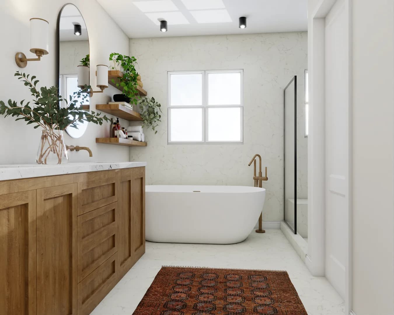 Spa bathroom with wood vanity, soaking tub, hanging plants, and black arch mirror