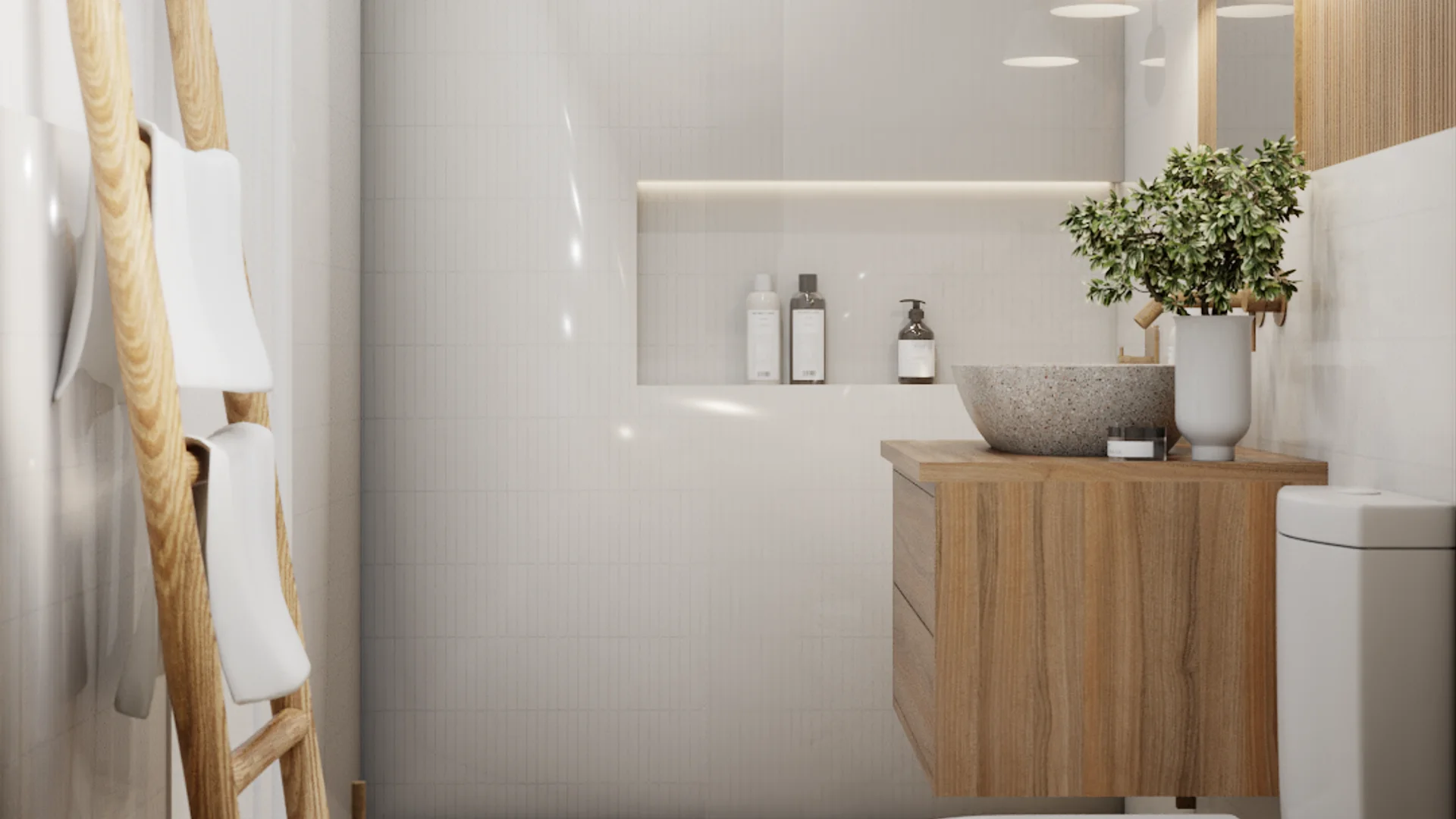 Wood ladder towel rack beside floating oak vanity with round stone vessel sink and recessed niche