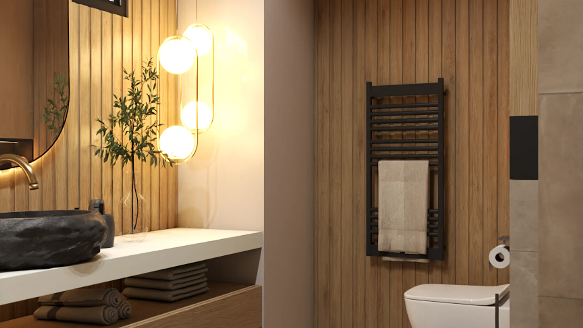 Japandi bathroom with floor-to-ceiling oak slat wall, stone vessel sink on floating white vanity, brass capsule pendant, and black towel rail. Design by Debora, an online interior design service.