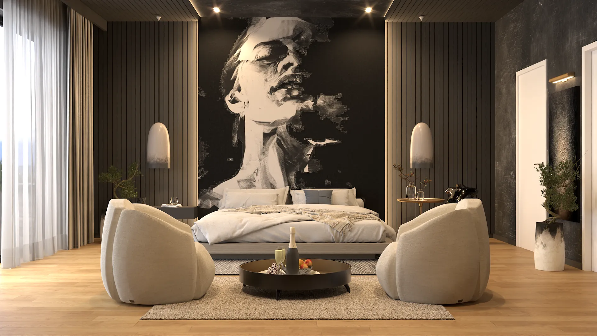 Bold and artistic bedroom featuring a large black and white portrait on the statement wall, modern dark paneling, and stylish furnishings including unique beanbag chairs, creating a dynamic and visually striking space. Design by Debora, an online interior design service.