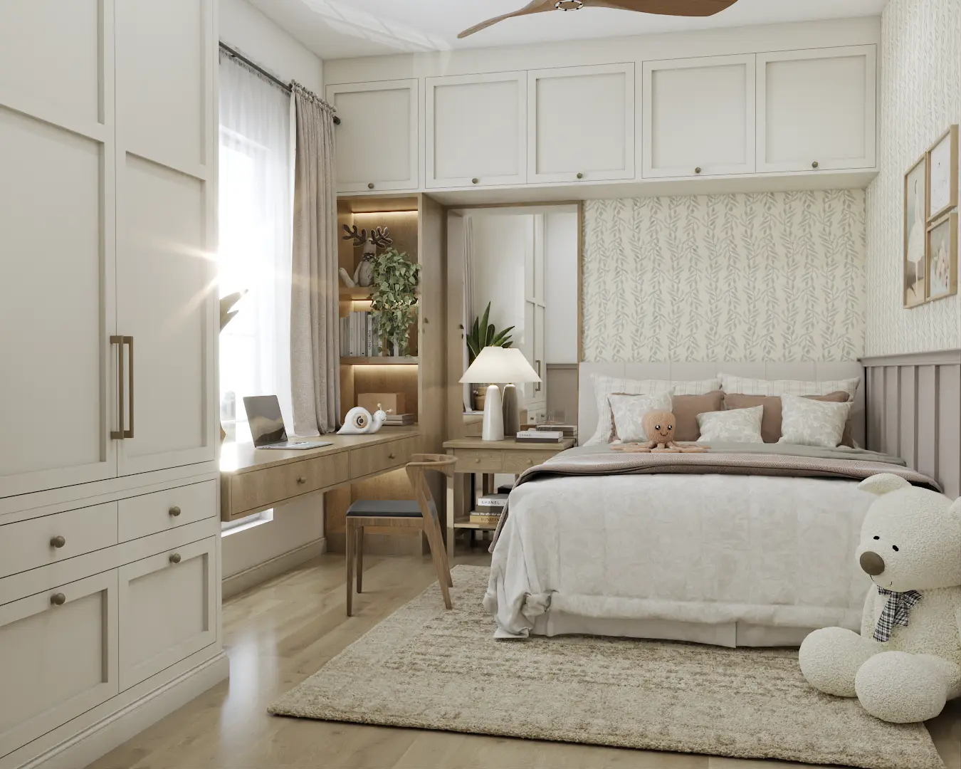 Child-friendly bedroom designed with playful elegance, featuring comfortable bedding, soft colors, and ample storage, creating a nurturing space for young ones. Design by Debora, an online interior design service.