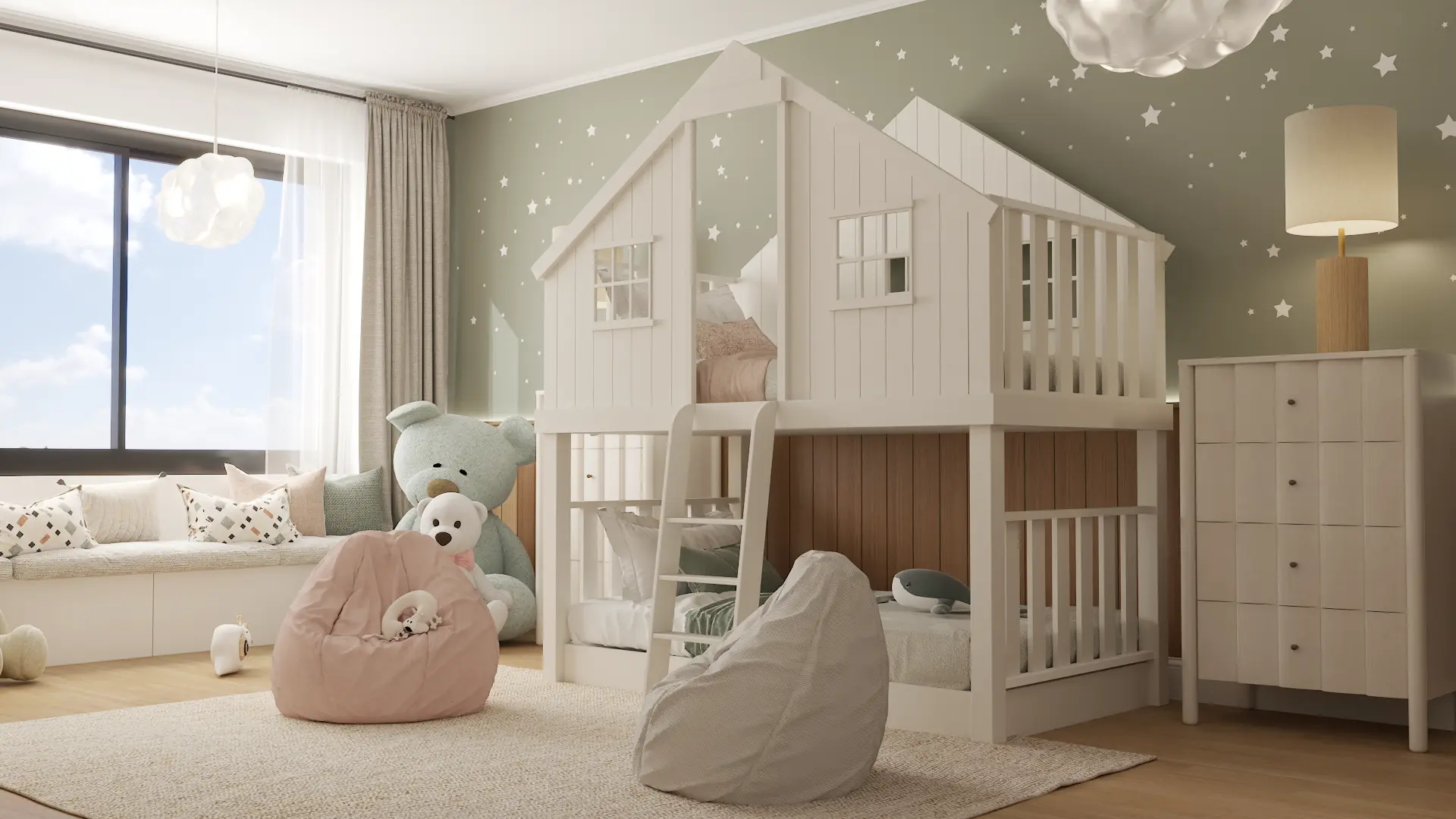 Cozy children's loft bedroom with a house-shaped bed under a starry ceiling, offering a tranquil and imaginative space, designed by Debora, an online interior design service based in New York City.