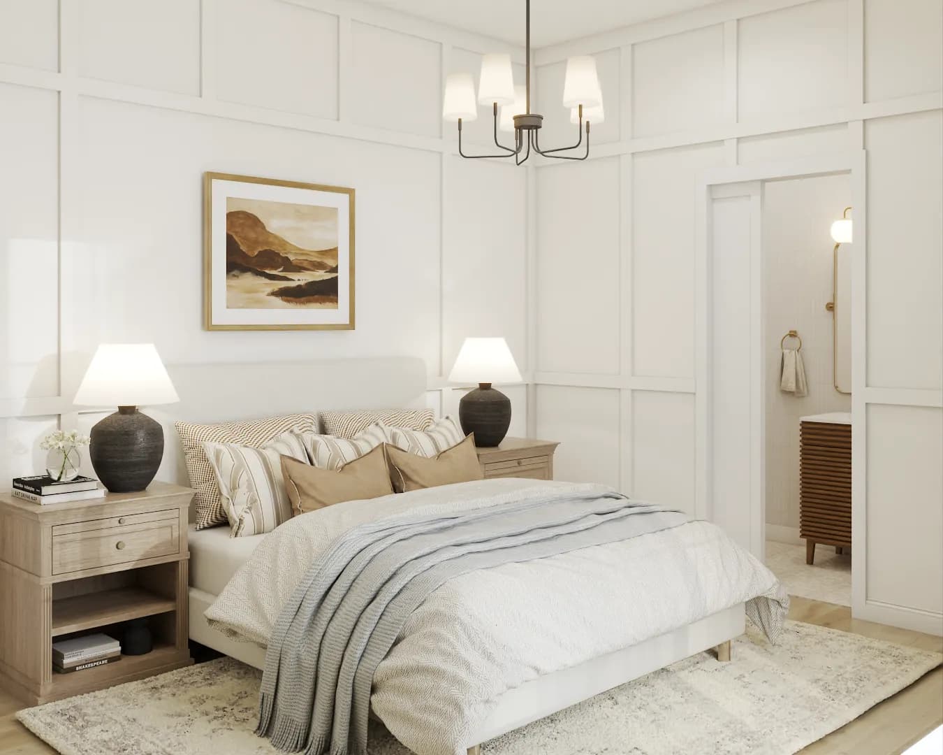 Classic bedroom with elegant wall paneling and a soft, neutral color palette, accented by sophisticated decor. Design by Debora, an online interior design service.
