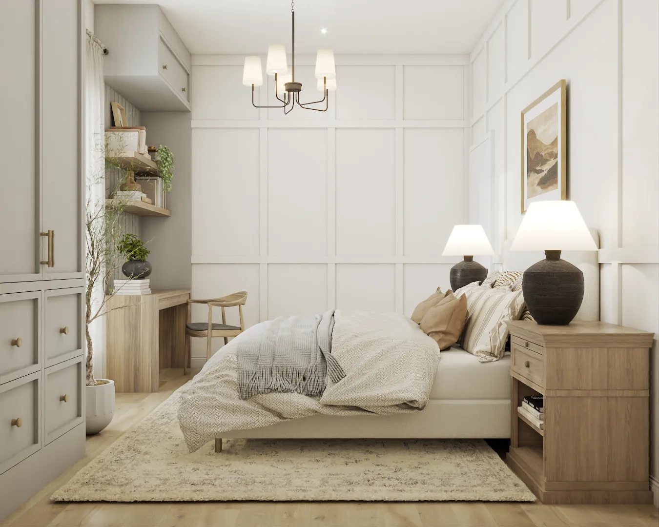 Elegant bedroom with sophisticated wall paneling, serene white color palette, and luxurious bedding, perfectly complemented by natural decorative accents. Design by Debora, an online interior design service.