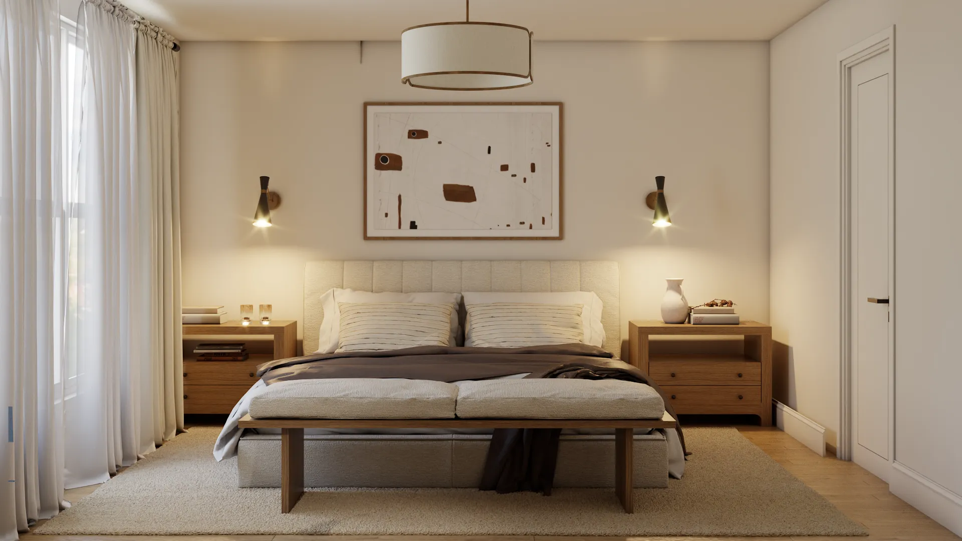 Contemporary bedroom with a focus on artistic expression, featuring an abstract wall art, warm wooden furniture, and muted lighting, perfectly blending style and comfort. Design by Debora, an online interior design service.