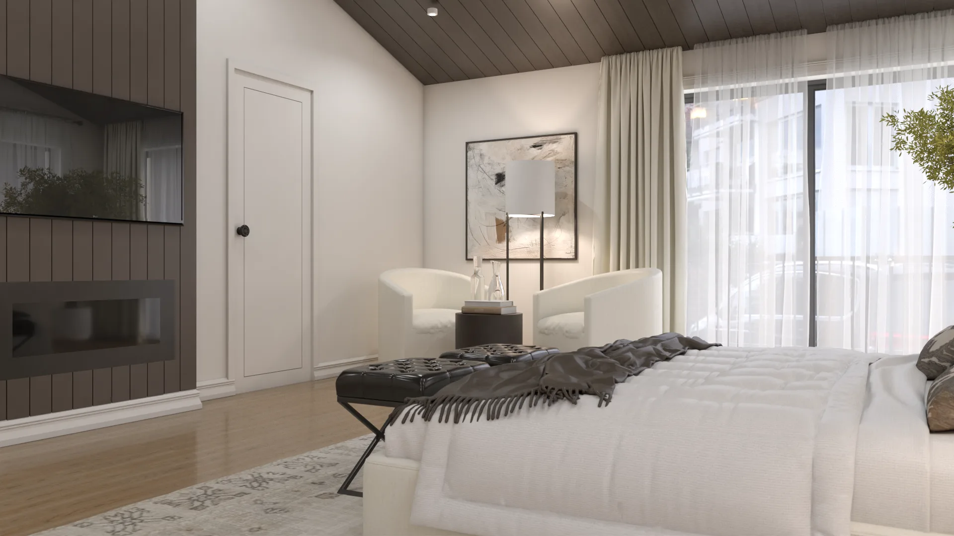 Two white accent chairs near balcony doors with dark slat wall and x-bench at bed foot
